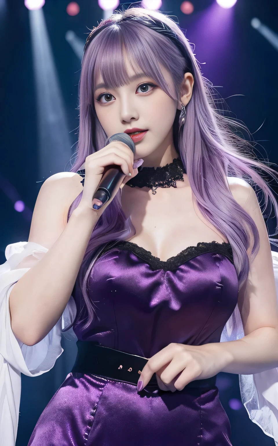 (highest quality, Seductively Posing:1.2), 1 female singer, 20 years old, Otherworldly fantasy,Shoulder strap,Sing alone, Light purple hair,Beautiful eyes in every detail),Upper Body,bangs,ear, Gorgeous deep purple outfit, Mysterious, Long Hair, blush, Displaying the viewer,Singing voice that captivates the audience