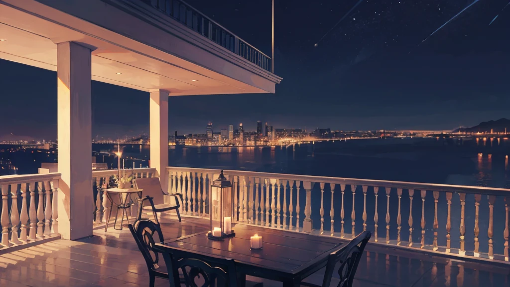 a picture of an empty balcony at night, city in the background, empty, building, harbor (modern, minimalist),cinematic lighting, (((Night))), masterpiece, best quality,
