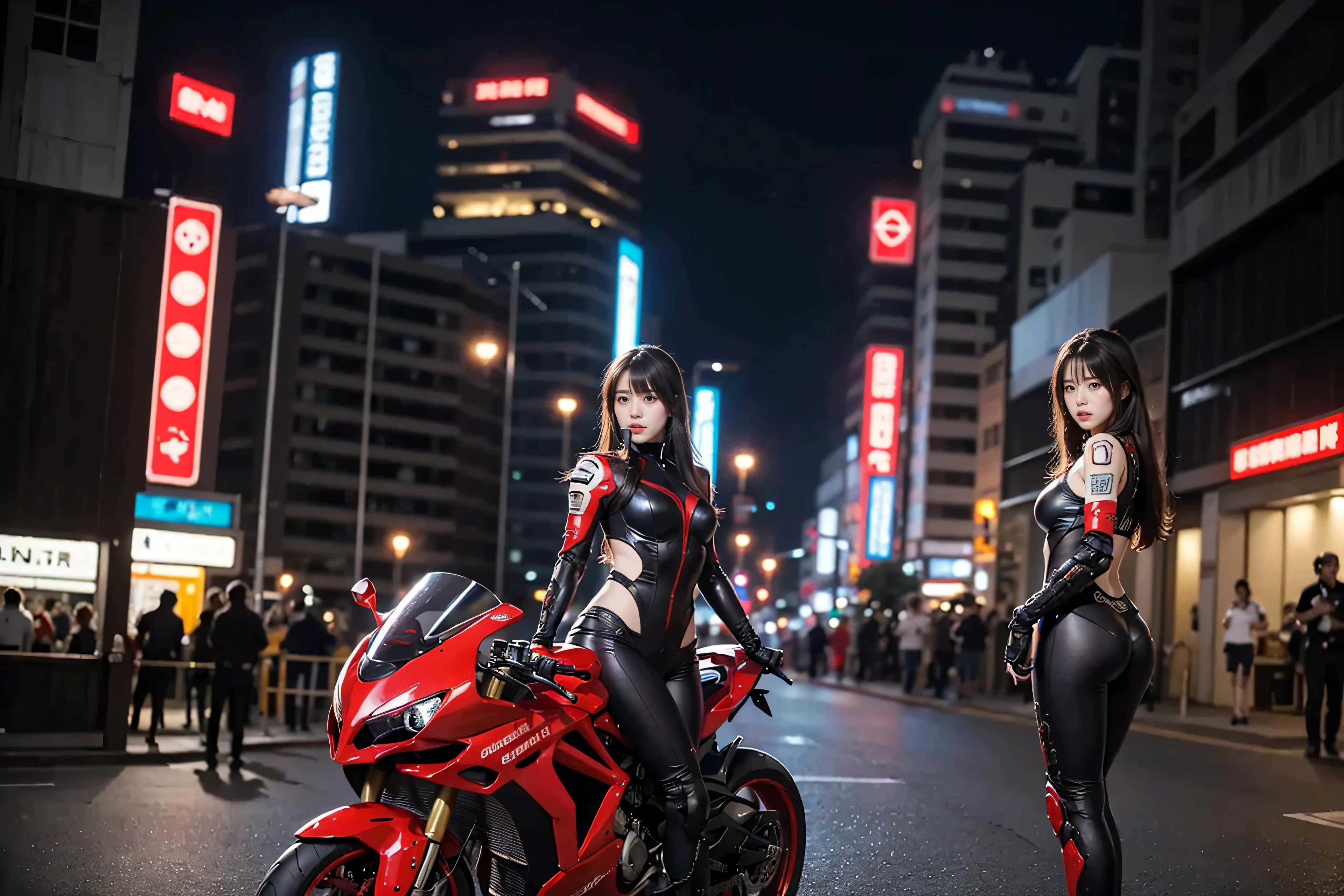 (RAW quality:1.4), masterpiece, highest quality, High resolution, dark_Fantasy, cyber punk, (Sword Weapons,red:1.1),1 person, Japanese women, , high school student, mechanical,Robotic presence,Cybernetic Guardian, darkness, Night city background, at night, cyber punk mecha humanoid black and red is riding a futuristic Ducati Panigale V4 race motorcycle on a mountain road at night, Realistic Style, Inspired by Blade Runner, Dark and dramatic lighting, Red and Black Theme, Central curve composition, Rear view. (An ultra-fine masterpiece:1.5), (beautifuly intricate:1.5), (highest quality:1.5), (beautiful + beautiful + Harmonious:1.5), (Highly detailed face, Ultra-detailed eyes, Highly detailed mouth, Super-detailed body, Very fine needles, Very elaborate clothing, Ultra-detailed landscapes:1.5), (Sharpen details:1.2), Blurred Background, Shallow subject depth,
