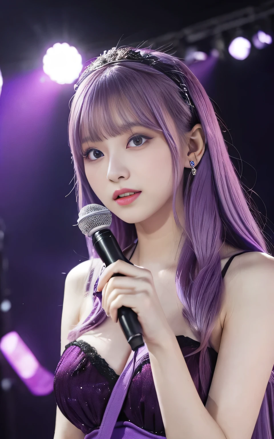 (highest quality, Seductively Posing:1.2), 1 female singer, 20 years old, Otherworldly fantasy,Shoulder strap,Sing alone, Light purple hair,Beautiful eyes in every detail),Upper Body,bangs,ear, Gorgeous deep purple outfit, Mysterious, Long Hair, blush, Displaying the viewer,Singing voice that captivates the audience