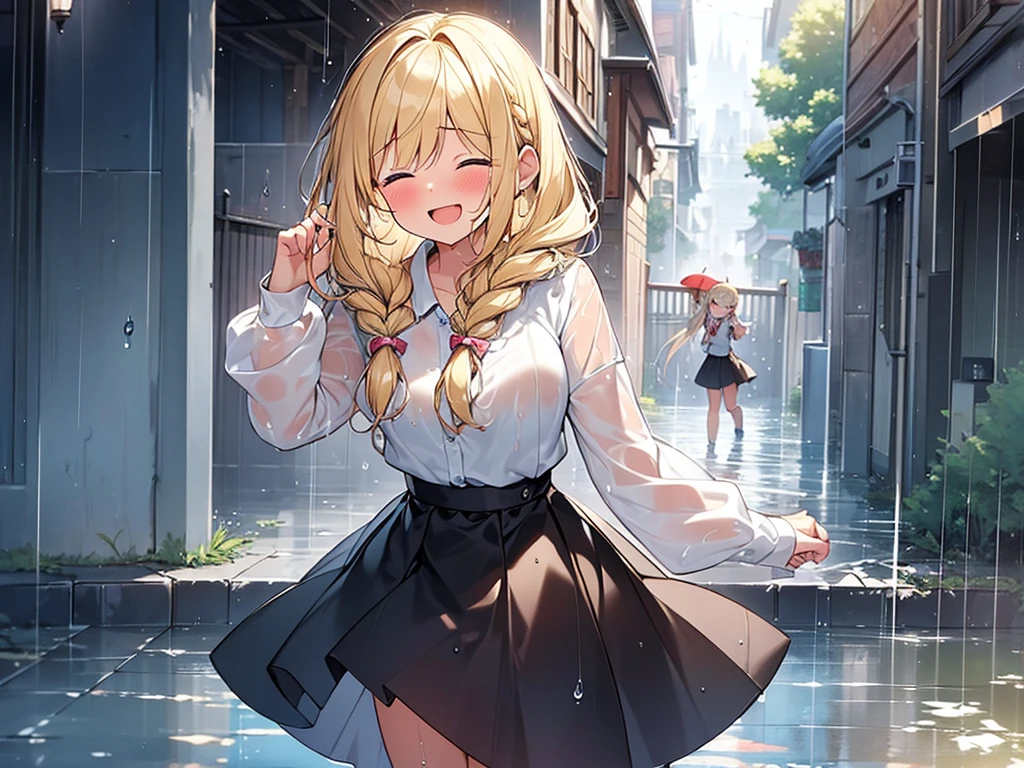 Masterpiece, Top quality, (1 beautiful girl), , Blonde, Braided hair, Medium Hair, wet Hair, standard weight, , (wet), laugh with an open mouth, blush, closed eyes, dancing and spining around, rainy, beautiful scene of alley, water drops, cowboy shot