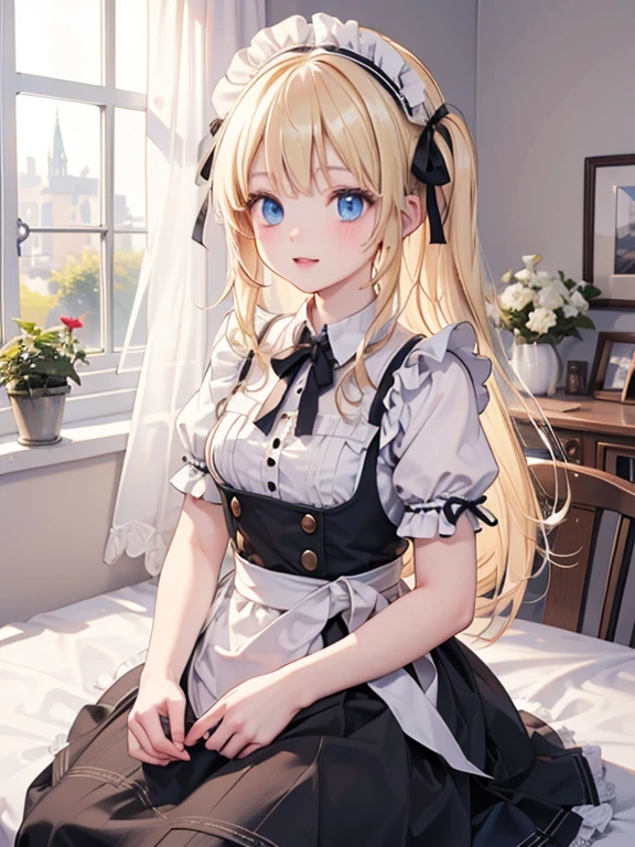 (8k, highest quality, Tabletop:1.2)、Ultra-high resolution, One 14-year-old girl, Perfect Fingers, Detailed face, blue eyes, Blonde, Straight Hair, Long Hair, Black maid outfit,  Inside the castle, Bedroom、Making the bed