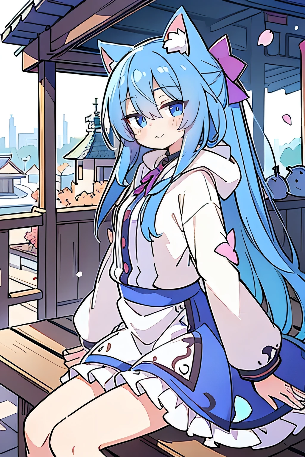 (masterpiece:1.2),Super detailed,lifelike,Expressive eyes,fair skin,perfect face shape,1 girl,
Japanese comics,Gorgeous blue hair,flowing blue hair,flowing clothes,Cat ears,Petals fall,beautiful lola,Baby Angel,
Shaking head with one hand,Cross your legs,Gentle and peaceful background,The pavilion is cool and comfortable,smile, wearing hoodie, background of tokyo,back views,snowing, winter.