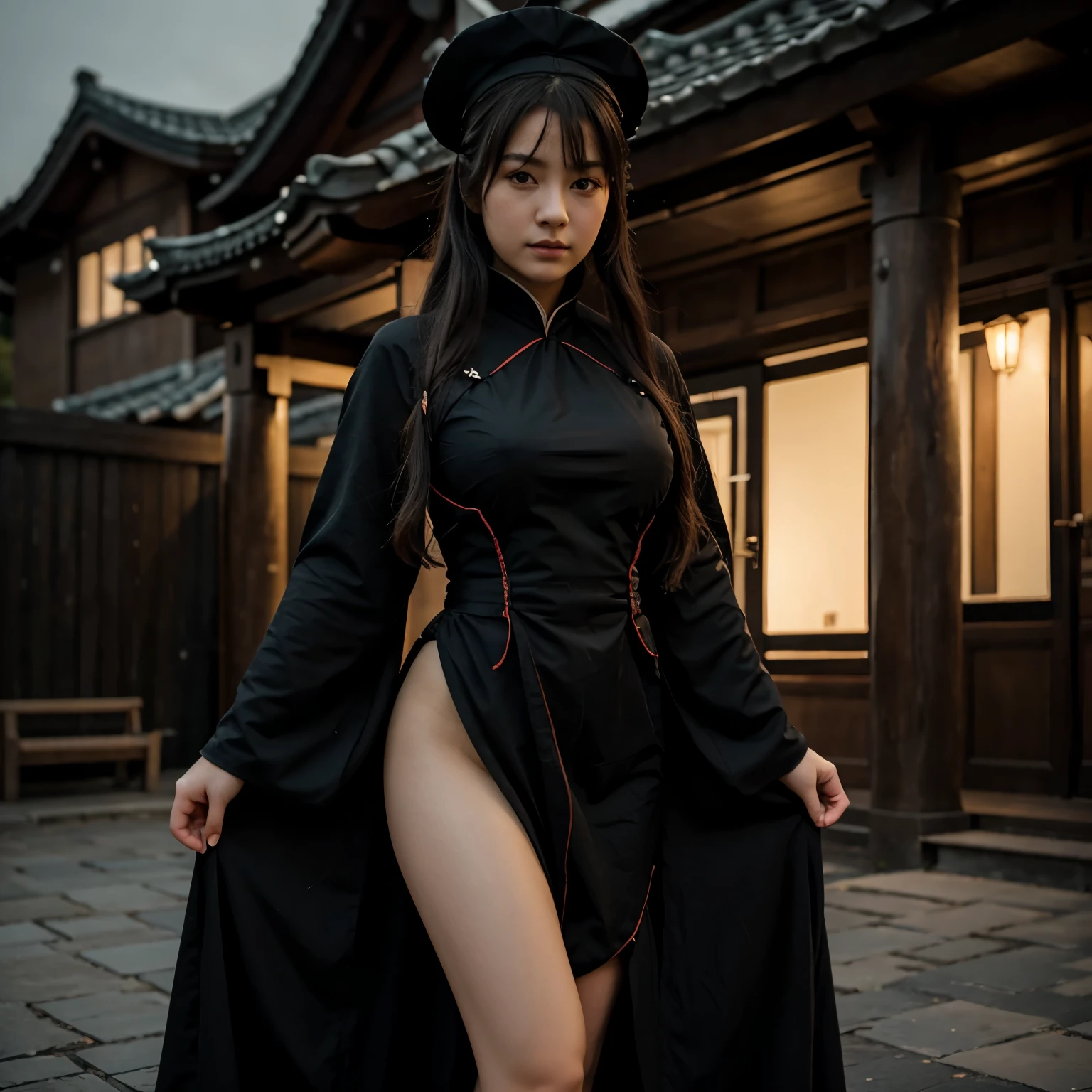 1 girl,Full body,extrem detailliertes Gesicht, Lovely, detaillierte Augen,Licht im Gesicht,filmische Beleuchtung,Betrachter betrachten,outside,schwarzes Haar,(schwarze chinesische Architektur:0.05),hanfu, keine Kleidung, big buttocks, big breasts