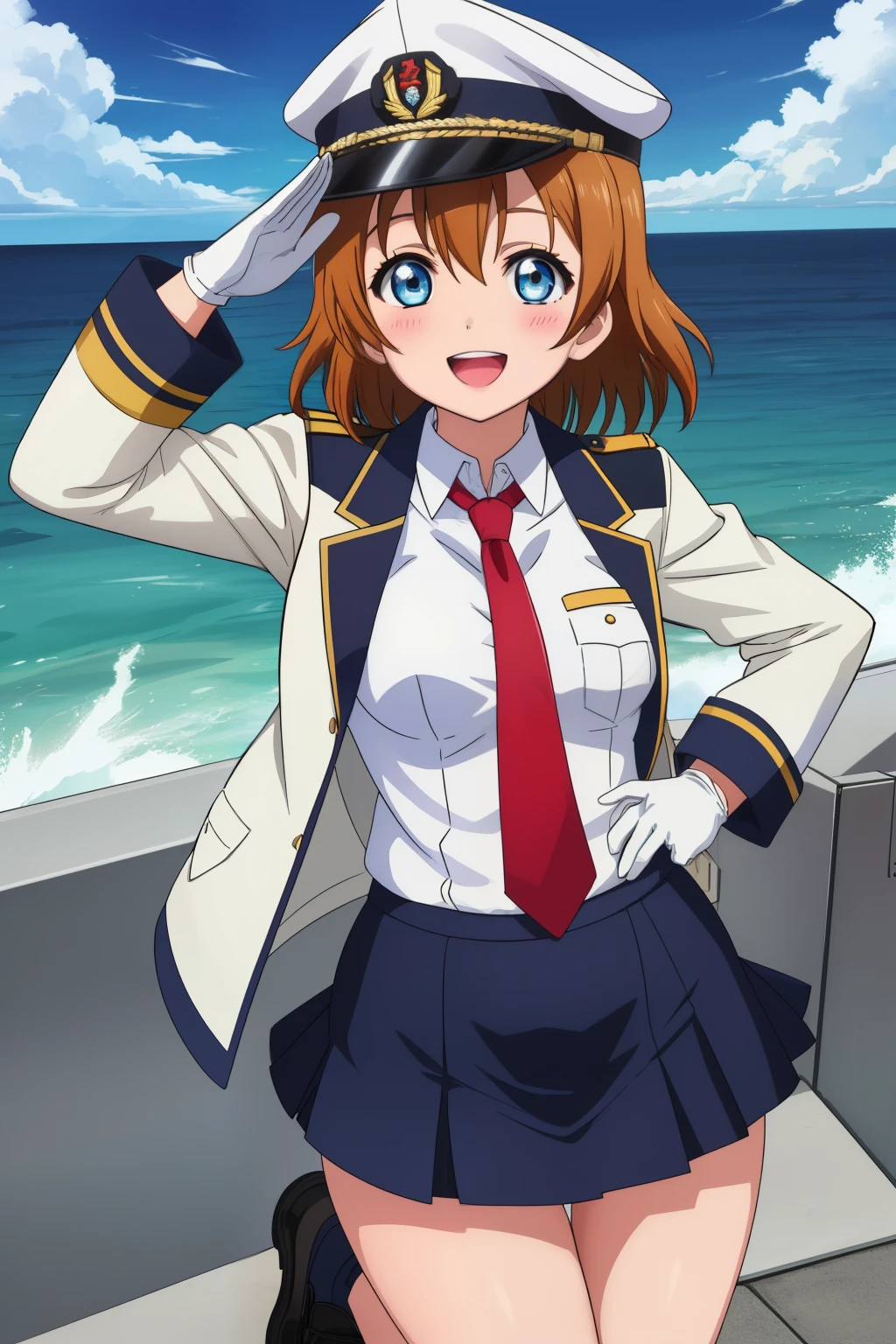 (Masterpiece, Best Quality, High Quality), cowboy shot,kousaka honoka, blue eyes,volumetric lighting, illustration, beautiful, breasts, looking_at_viewer, blush, smile, skirt, shirt, gloves, long_sleeves, jacket, white_shirt, :d, thighs, outdoors, necktie, sky, shoes, teeth, day, collared_shirt, cloud, white_gloves, miniskirt, black_skirt, black_footwear, uniform, blue_sky, military, military_uniform, swept_bangs, ocean, white_jacket, peaked_cap, black_necktie, pencil_skirt, blue_necktie, salute, watercraft, ship,