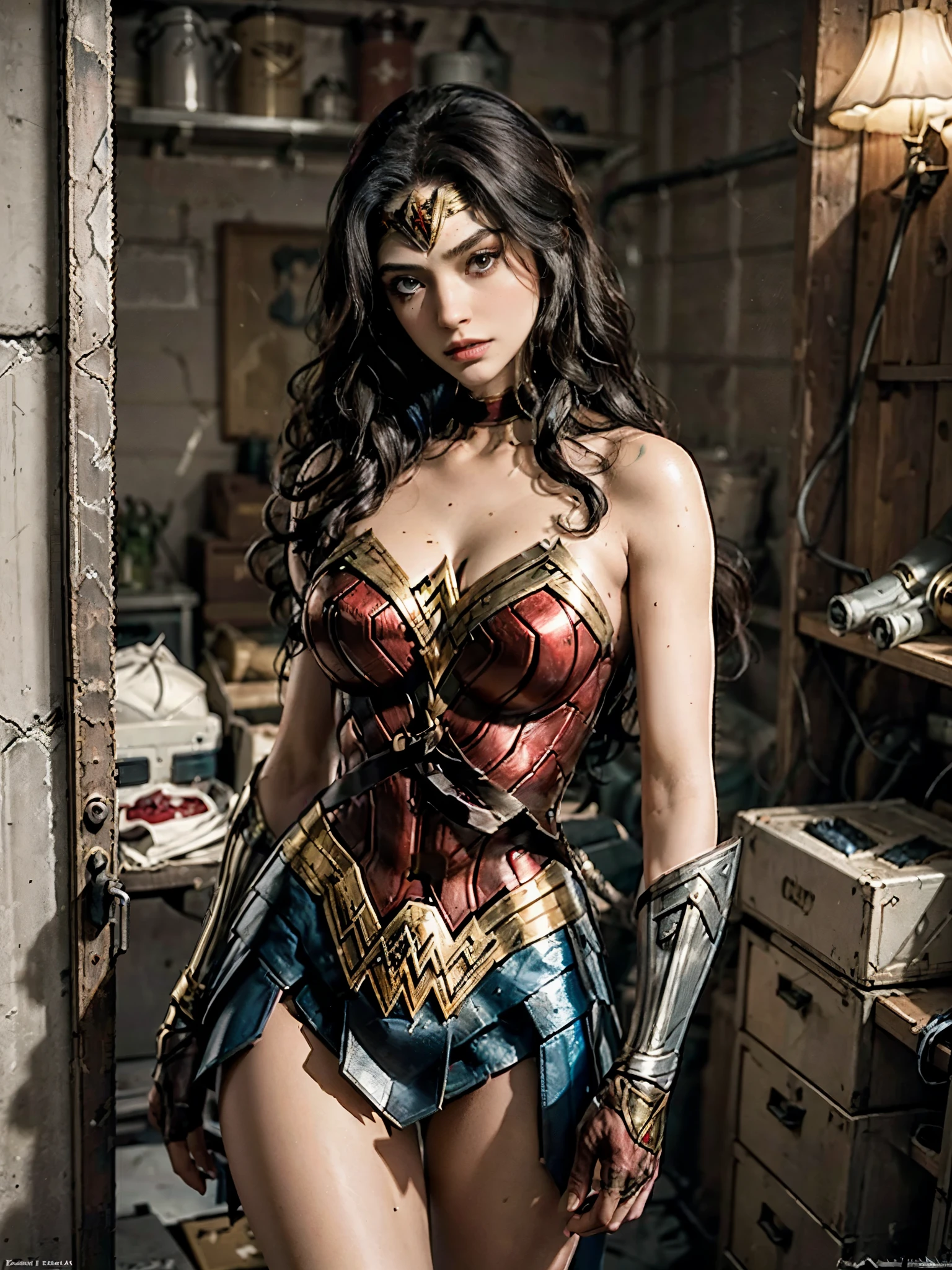 Usando color maravilla_Mujer_cosplay_Traje hecho_de_Fractales, robo, ladornes se preparan para disparar a wonder woman