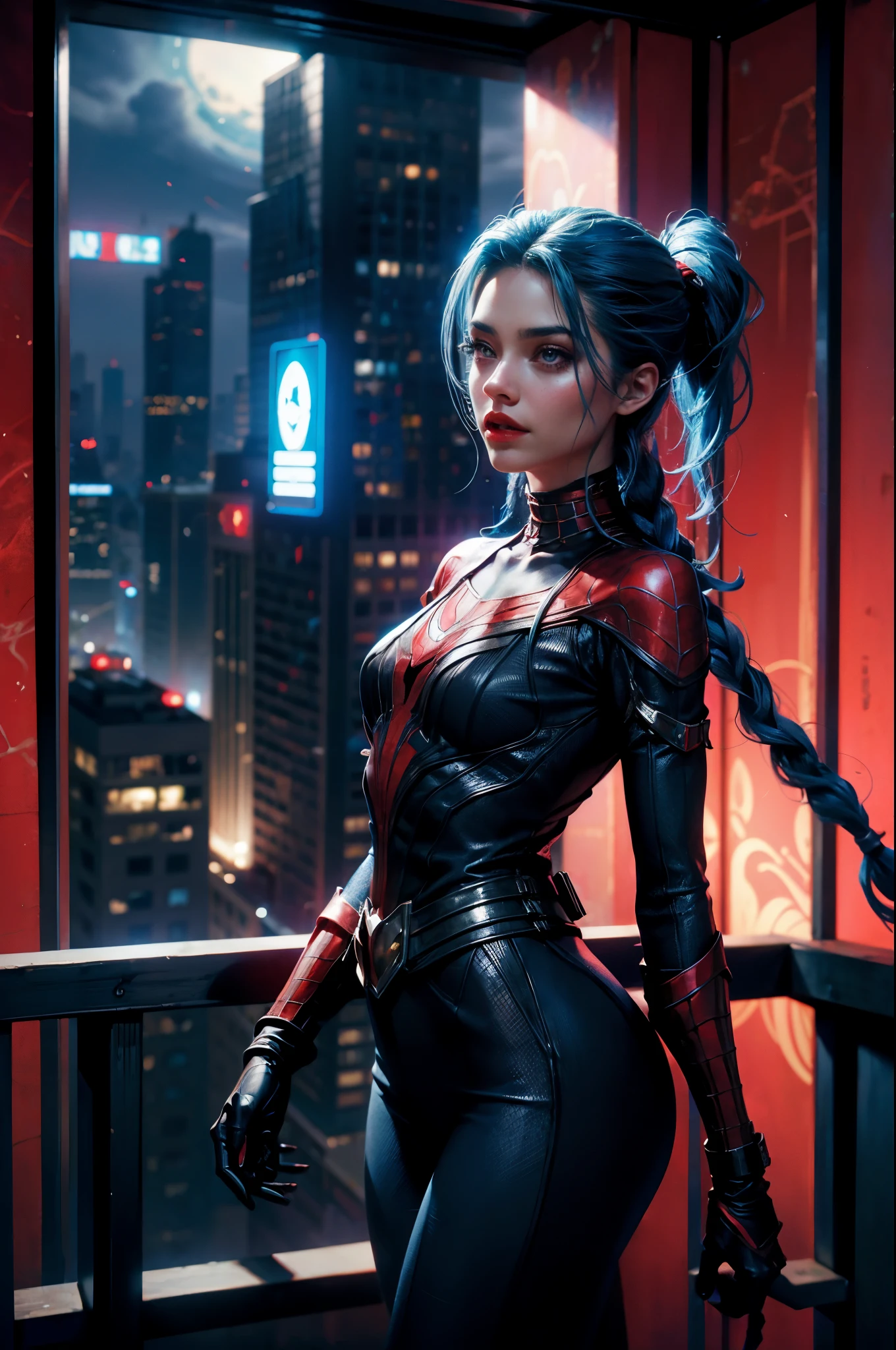 traje azul y rojo de spider man. Pollera con accesorios de balas Jinx en metropolis, de noche. en un super edificio alto, con traje de super heroe, spider woman