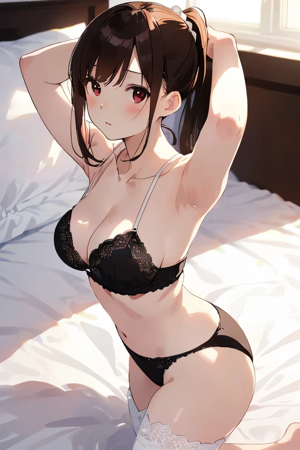 best quality, masterpiece, solo, 1 Female、Age 25、(Soft Bust:1.2)、Larger breasts、(Cleavage)、(Slender figure)、(Maid Style:1.2)、Maid Bikini、(White lace underwear:1.2)、from side、Poses that emphasize the chest、(Lying in bed)、(Lying on the white sheets of a bed)、(White highlight in pupil:1.2)、Dark reddish brown eyes、(Black-haired:1.2)、Ponytail Hair、(View your viewers:1.2)、White skin、(blush)、(A sad expression)、Wooden bedroom、Wooden bed、(I blur the background a lot to make the woman stand out.:1.3)、(The sunlight shines in)、(Beautiful flowers in the background)
