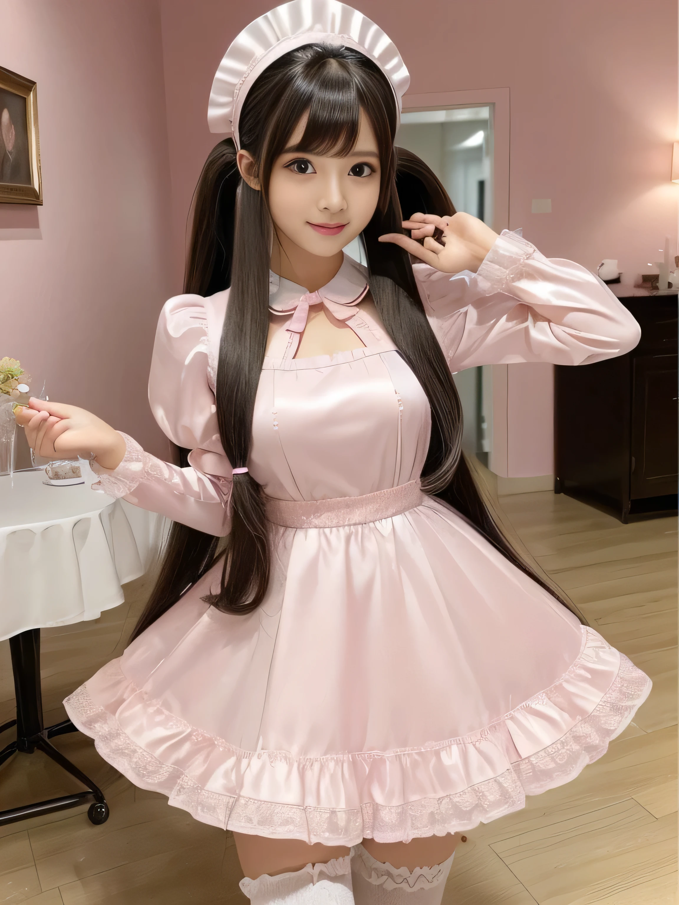 Her hair is incredibly straight.!!!!! (Pink floor、Pink table、pink chair、Pink Wall、Pink counter、A cafe filled with pink..:1.3) (Her hair color is pink!!!!!) (Random Maid standing upper body shot:1.5) ((woman in a pink and white dress and a pink hat, Maid outfit, Maid dress, Catboy Cosplay! Maid! dress, anime girl in a Maid costume, Maid costume, anime cat girl in a Maid costume, pink ta dress,Maid, wearing Maid uniform, Lolityle, High Quality Costume,Sexy female cosplay, Pink shoes for maids)) (Her bangs are the Perfect full bangs:1.2) ((highest quality)), ((masterpiece)), (Familiar), (Get used to it) (Reaches up to the kneeVery long hair highest quality Highest detail Reaches up to the knee、Very long hair that lasts forever:1.3 Flowing Hair Very shiny and thick hair long hair up to the knees:1.2 long hair up to the knees:1.2 Thick and shiny hair Very free hair Abnormally long hair!!! Beautiful silky hair Beautiful and shiny hair Beautiful and shiny hair Beautiful silky hair Hair that grows to the knees Very very, Very long hair!!! Very very, Very long hair!!!) (highest quality The best ultra-fine Reaches up to the knee、Very long hair that lasts forever Very shiny and thick hair long hair up to the knees:1.2 long hair up to the knees:1.2 Thick and shiny hair Very free hair Abnormally long hair!!! Beautiful silky hair Super long hair down to the knees Beautiful and shiny hair Beautiful and shiny hair Beautiful silky hair Hair that grows to the knees Very very, Very long hair!!! Very very, Very long hair!!! Her hairstyle is very curly and in twin tails.:1.5) (She is the most beautiful 12-year-n..) Perfect Face (She has a typical Japanese build and skin color..., Her skin is very high quality and ultra high definition.、very beautiful and glowing skin) (Excessive breasts:1.2)(She applied her makeup in a very professional way. Lipstick is red The eyeliner is a beautiful black) (Surreal photos by professional photographers :1.2) ((Her bangs are hanging straight down, Perfect full bangs)) (She has a typical Japanese build and skin color Her skin is very delicate and sensitive..、and、Such beautiful and radiant s ((highest quality)), ((masterpiece)), (Familiar) (Get used to it) Perfect Face (Her skin is a typical Japanese skin color... Very detailed) ((Rich 1.4)) (Extremely detailed 8K) (Ultra-fine skin texture 1.4) (Actual, Vibrant:1.4), double eyelid Sharp focus:1.2、Beautiful woman:1.4 Dynamic Lighting (Genuine RAW photos taken by professional photographers) (Turn your whole body to the viewer) Professionally lit from the front (She has a coffee cup, She looks at the viewer with a cute smile)