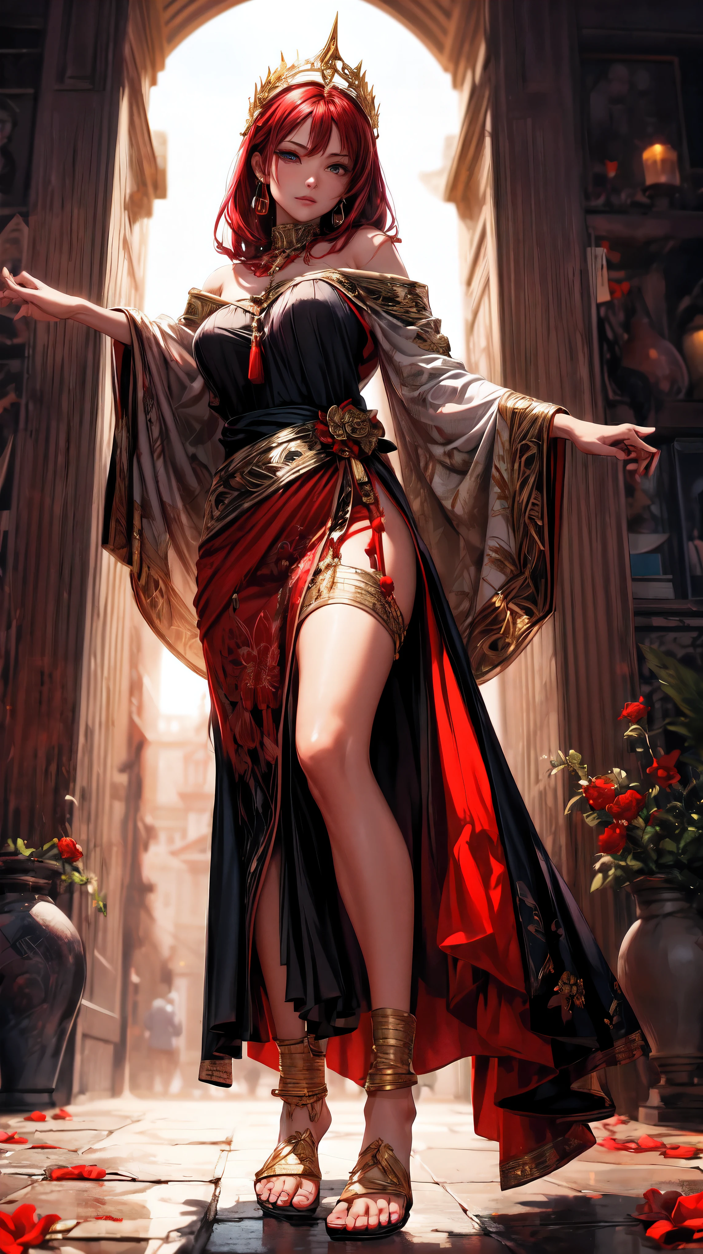 (Dramatic angle,Dynamic angle), (best quality,4k,8k,highres,masterpiece:1.2),ultra-detailed,(realistic,photorealistic,photo-realistic:1.37),(1 girl),Intricate red-toned headpiece with pearl or coral accents,
Flowing red silk or chiffon robe with a deep, rich hue,
Embroidered patterns of flames or blood-red flowers symbolizing sacrifice,
High-waisted red skirt with a drawstring or sash in a contrasting color for emphasis,
Layered ruffles or godets in varying shades of red for depth,
Hemline with a subtle scalloped edge to maintain fluidity,
Beading or sequin accents in gold or copper to catch the light against the red,
Barefoot for a natural and pure connection to the earth,
Anklets with red beads or small gold bells for a festive touch,
Body art in red and gold, possibly featuring fiery patterns or sacred geometric designs,
Setting sun or sunrise with a red and orange sky to complement the attire,
Sheer red shawl with an understated, elegant border in gold or a darker red,
Draped to cascade from the shoulders, adding to the regal appearance,
Edge finished with a delicate red fringe or tassels for movement,
Overall silhouette embodying strength and the spirit of self-offering,
Design respectful of cultural significance and the gravity of the ritual,
Use of sustainable, high-quality fabrics to honor the environment.