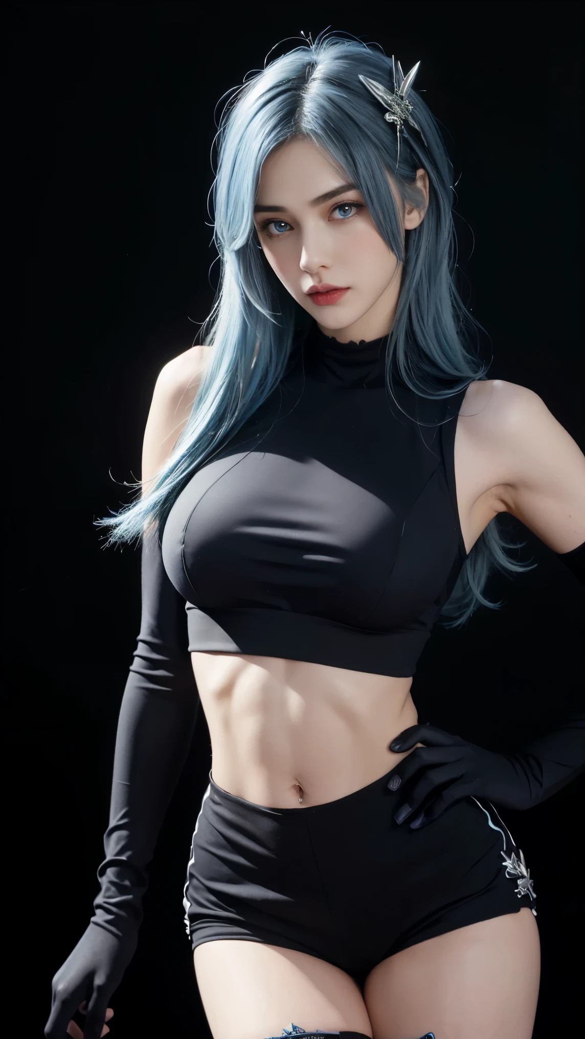 8K, Top Quality, Intricate Details, Ultra Detail, Ultra High Resolution, Masterpiece, close up shot, (full body: 1.1), Slender, Smile, (Makeup: 0.4), (Fluffy  Eyes: 1.21), (()), 1girl, solo, 1 girl, ((blue hair, blue eyes, hair over one eyes, , long hair, hair ornament)), close up shot, , ((tall)), (((fit body))), (((slim face))), sharp face, (( crop top, hot pants,))  (detailed face), sharp face, small lips, , , , 
 ((,  )), , ((,)), detailed face, detailed breast, , ((large breast, huge breast)), detail ass, Narrow Waist, Skinny, tall , 175 cm tall, Muscular, Navel, Exposed Abdomen, Pointed Chest,, Beautiful girl with accentuated slender abs: 1.4, Six Pack Abs: 1.4, Bust Botox, Big, Perfect Body, detail leg, (( dark background)), black background,