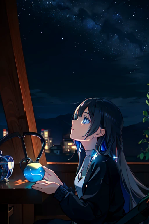 Masterpiece, one mage, solo, wearing a sweatshirt hoodie, gazing at the enchanting beauty of the night sky, experiencing the luminous mysteries atmosphere in 9:16, intricately detailed, best quality, realistic, ultra-detailed, (glowing skin: 1.3), lost in thought, long curly hair, piercing blue eyes, captivating, dynamic light and shadow, high resolution, sharp focus, depth of field, detailed facial features, mesmerizing aura, night scene, stars twinkling, mysterious clouds, soothing lofi art style, silent contemplation, tranquil surroundings.