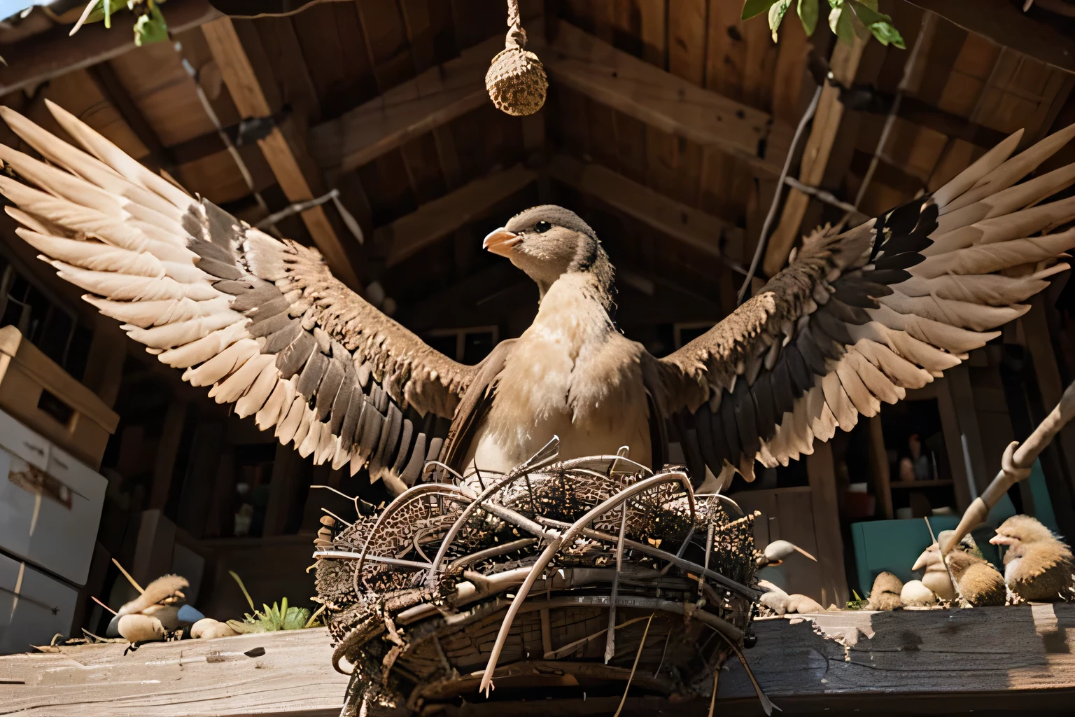 Vesna, swallow with chicks in the nest, chicks stretch their wings to their mother