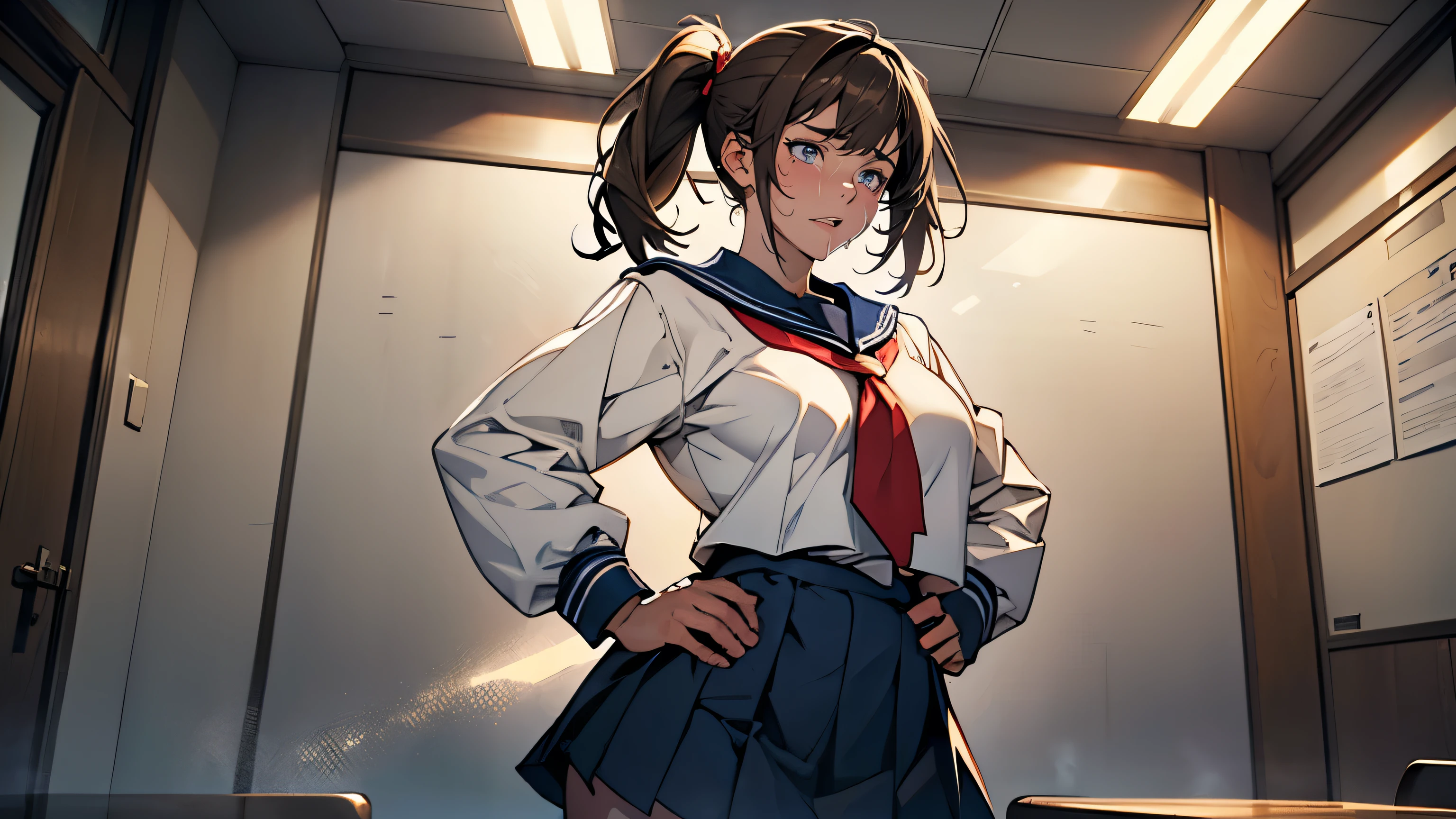 (Highly detailed CG Unity 8k wallpaper), (Masterpiece), (Highest quality), (Super detailed), (Best illustration), (Best shadow), (Absurd), 15 years old, Embarrassing, Sweat, Steam, Staring, a high school girl with a long pigtail hairstyle, brown hair, sailor suit, navy blue skirt, upturned eyes, glowing fluorescent lights, and a full-length portrait is seen standing in a high school classroom.