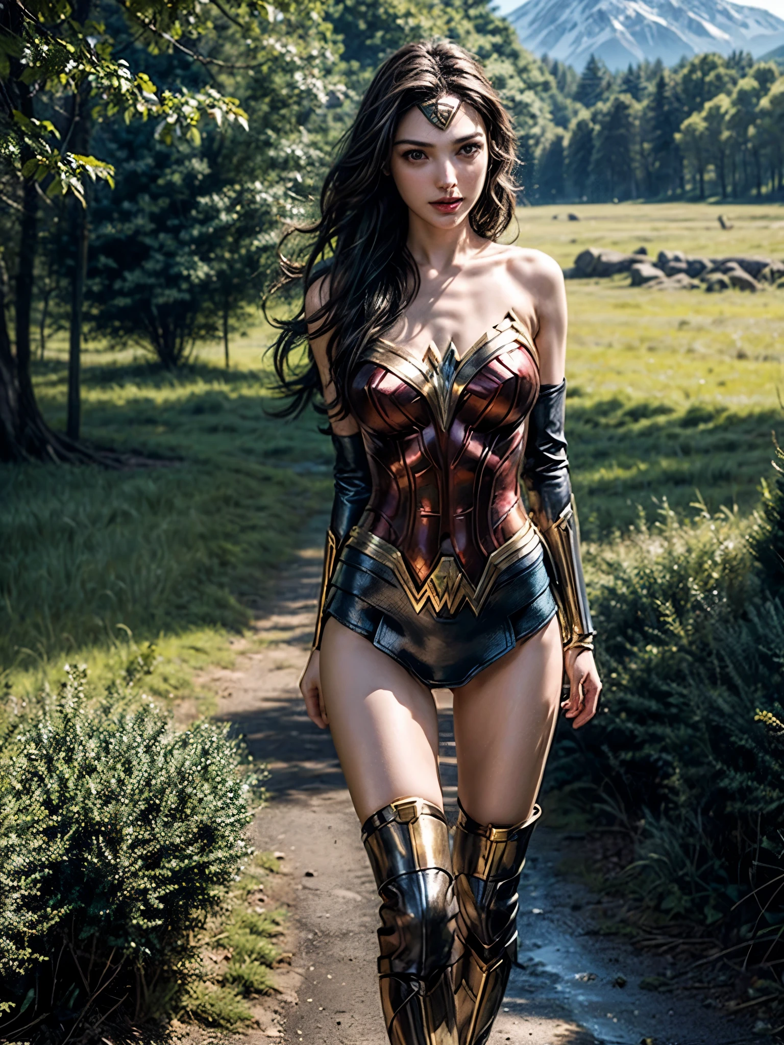 Gal Gadot, She breast size is M cup, full body, she very sexy, she have perfect body, she so beautifully,She have good eyes,She is full of charm, her poses are beautiful, close up,(((Woder Woman outfit))), Wonder Woman
from DC Comics,8k,correct face,beautiful face,A beautiful sight,sparkling eyes,((Half body photograph)), ((close up)) (portrait)) bust,In the middle of nature,The sun shines,green field,mountain,forest,stream