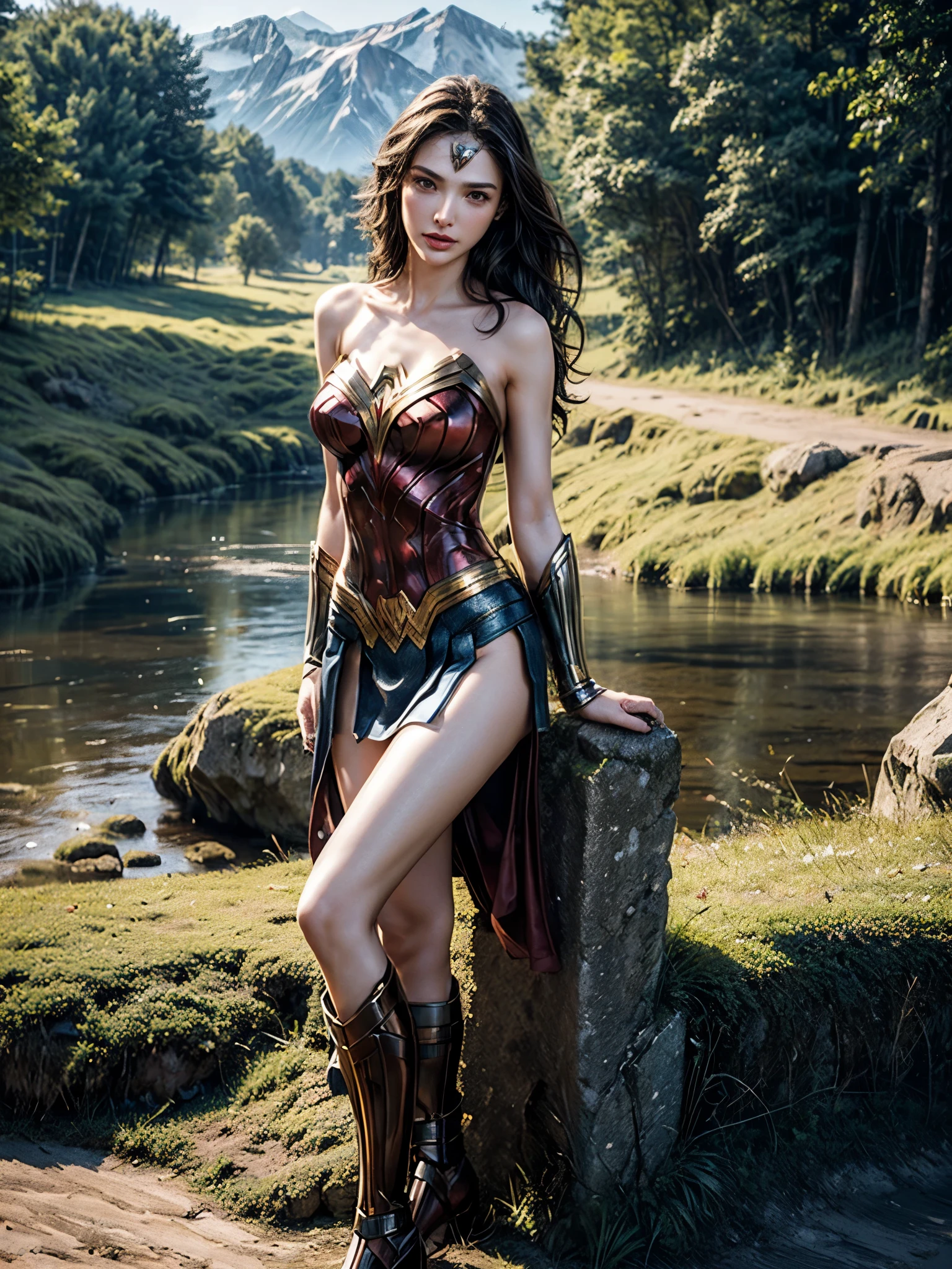 Gal Gadot, She breast size is M cup, full body, she very sexy, she have perfect body, she so beautifully,She have good eyes,She is full of charm, her poses are beautiful, close up,(((Woder Woman outfit))), Wonder Woman 
from DC Comics,8k,correct face,beautiful face,A beautiful sight,sparkling eyes,((Half body photograph)), ((close up)) (portrait)) bust,In the middle of nature,The sun shines,green field,mountain,forest,stream