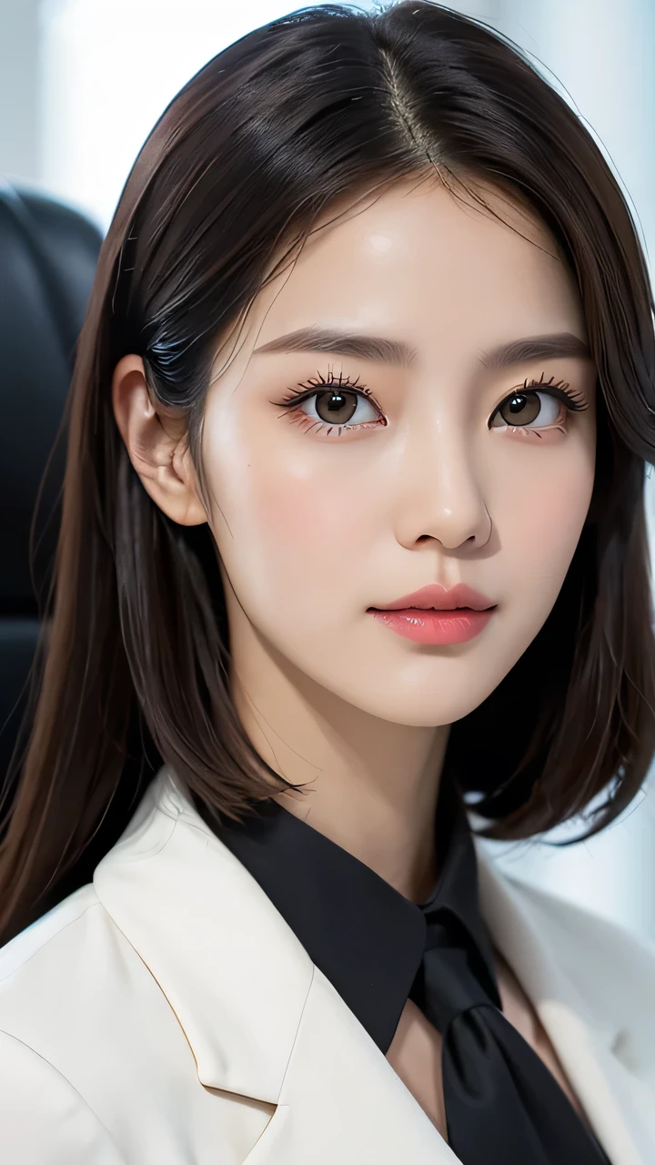 High resolution, Real portrait of a professional Korean office lady with perfect skin,business suit,Women's set,standing posture,Upper part of the body,Women in the workplace,Show confidence and maturity, Surrounded by a modern corporate environment, Vibrant and naturally bright highlights. The artwork should emphasize her graceful facial features, Including charming long eyes, Fluttering eyelashes and seductive lips. Scenes should enhance professionalism and visual appeal,For example, Stylish desk, Mainframe Computer, High resolutionolution display, and complex stationery. The overall tone should be warm and professional, With soft and natural tones. Artwork should exude a sense of professionalism, success, and cultural pride,Background blur