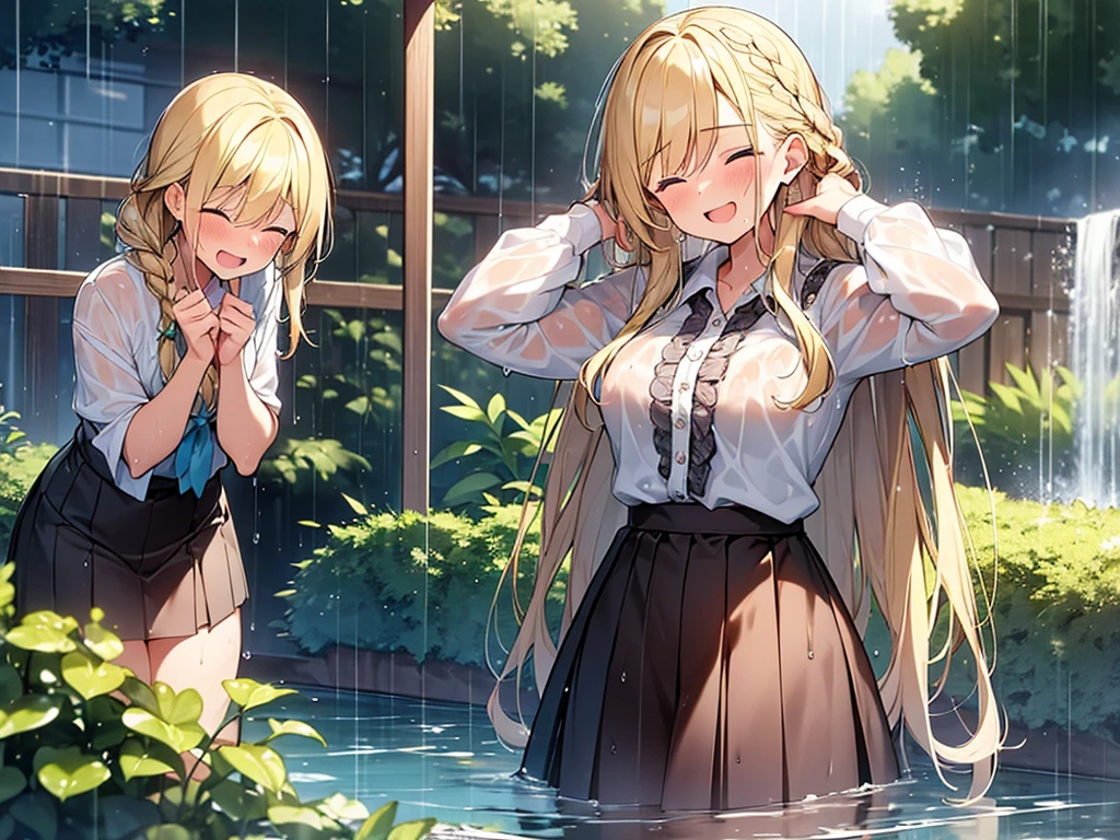 Masterpiece, Top quality, (1 beautiful girl), junior high school student, Blonde, Braided hair, Medium Hair, wet Hair, standard weight, blouse, (wet), laugh with an open mouth, blush, closed eyes, spining around, spread her arms, rainy, beautiful scene of garden, water drops, cowboy shot
