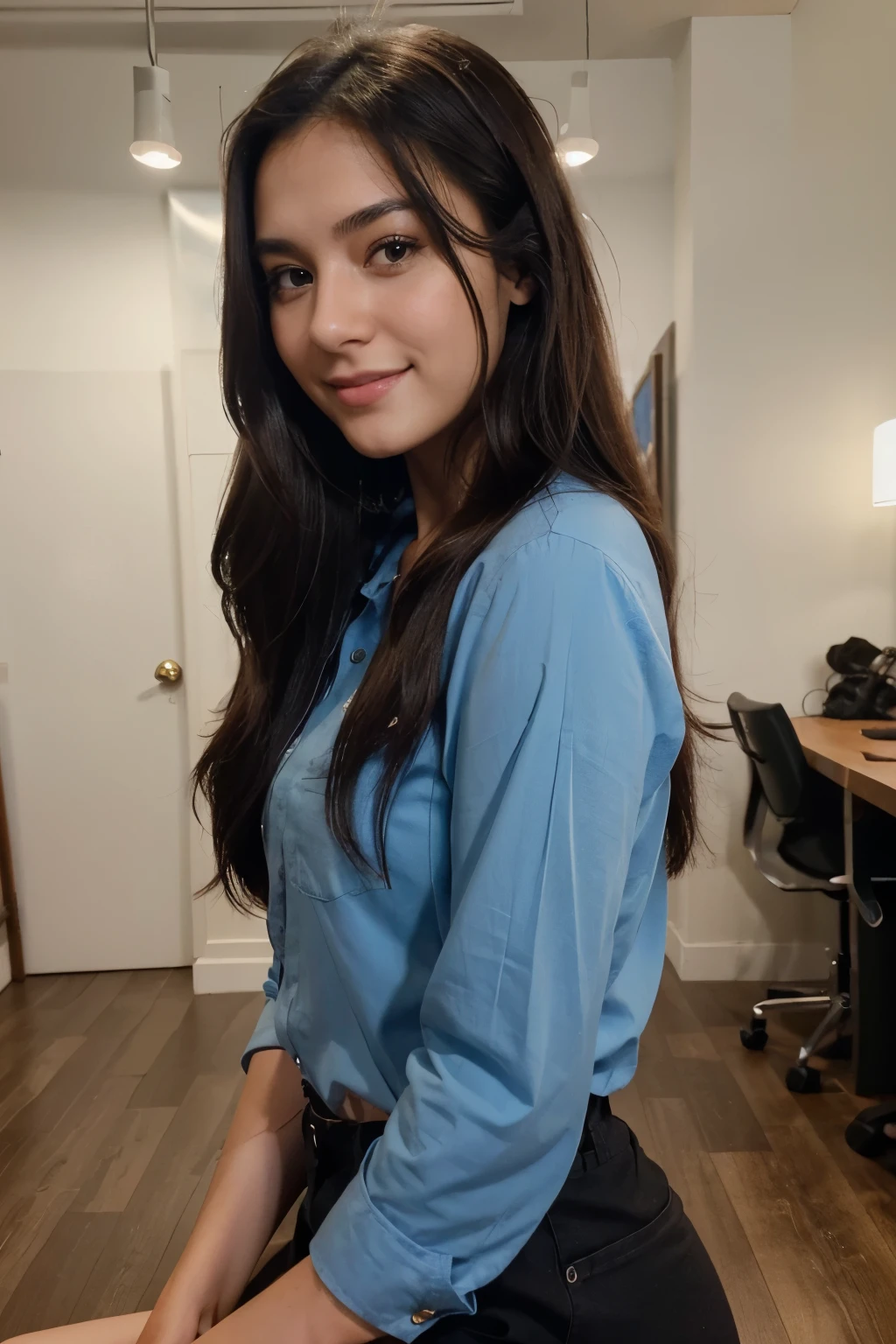 (realistic, highres:1.2, ultra-detailed), a 19-year-old girl with long and black hair, beautifully styled and flowing, styled in a natural way. This girl has a radiant smile and expressive, deep brown eyes that captivate the viewer's attention. Her eyes are mesmerizing and full of life, with long and thick lashes. Instagram worthy selfie, In the background a photo studio and a waiting photographer, wearing a blue shirt