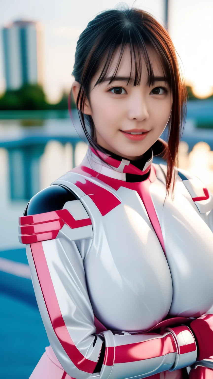 25 year old woman wearing a sexy pink and white shiny skin tight hero suit:1.5, highest quality, High resolution, 8k, One girl, (Huge breasts :1.5), Pool, (bangs,Black Hair,Medium Hair), Beautifully detailed skies, Soft lighting, Wind, Shiny skin, View your viewers, smile