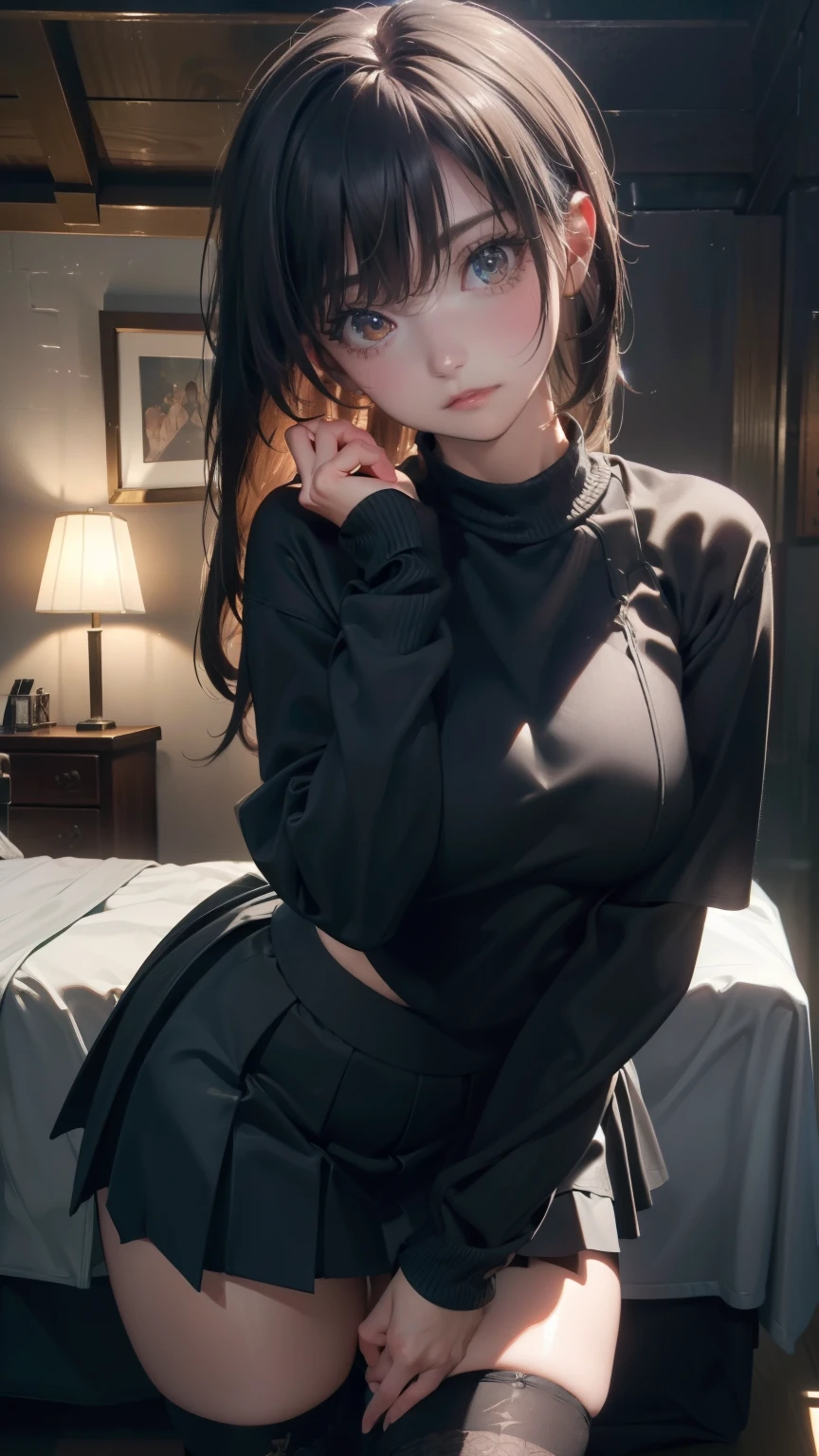 (random porn pose),(Highest image quality,(8k),ultra-realistic,best quality, high quality, high definition, high quality texture,high detail,beautiful detailed,fine detailed,extremely detailed cg,detailed texture,a realistic representation of the face,masterpiece,Sense of presence),sweater,tight mini skirt,stockings,Engineer boot