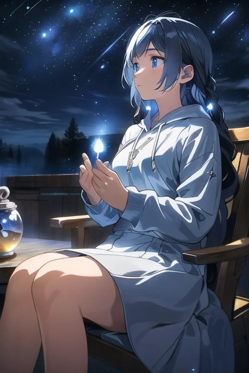 Masterpiece, one mage, solo, wearing a sweatshirt hoodie, gazing at the enchanting beauty of the night sky, experiencing the luminous mysteries atmosphere in 9:16, intricately detailed, best quality, realistic, ultra-detailed, (glowing skin: 1.3), lost in thought, long curly hair, piercing blue eyes, captivating, dynamic light and shadow, high resolution, sharp focus, depth of field, detailed facial features, mesmerizing aura, night scene, stars twinkling, mysterious clouds, soothing lofi art style, silent contemplation, tranquil surroundings.