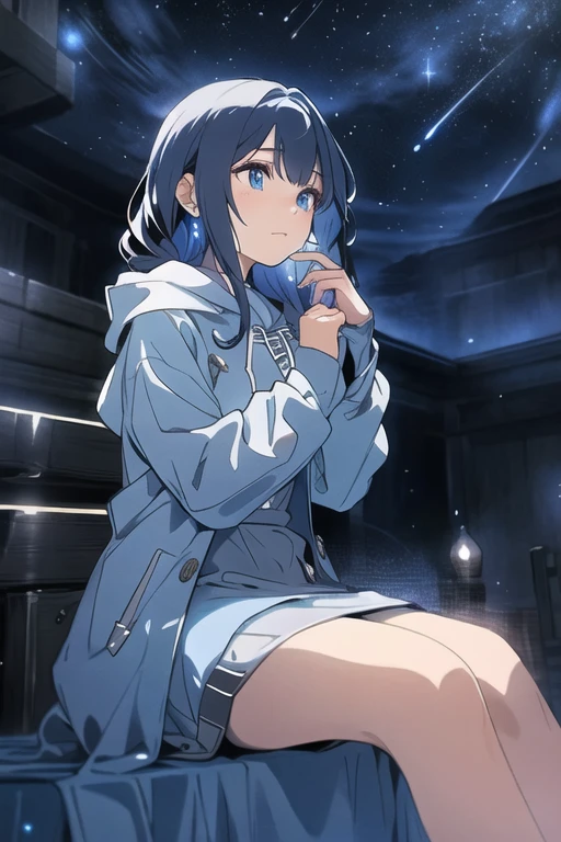 Masterpiece, one mage, solo, wearing a sweatshirt hoodie, gazing at the enchanting beauty of the night sky, experiencing the luminous mysteries atmosphere in 9:16, intricately detailed, best quality, realistic, ultra-detailed, (glowing skin: 1.3), lost in thought, long curly hair, piercing blue eyes, captivating, dynamic light and shadow, high resolution, sharp focus, depth of field, detailed facial features, mesmerizing aura, night scene, stars twinkling, mysterious clouds, soothing lofi art style, silent contemplation, tranquil surroundings.