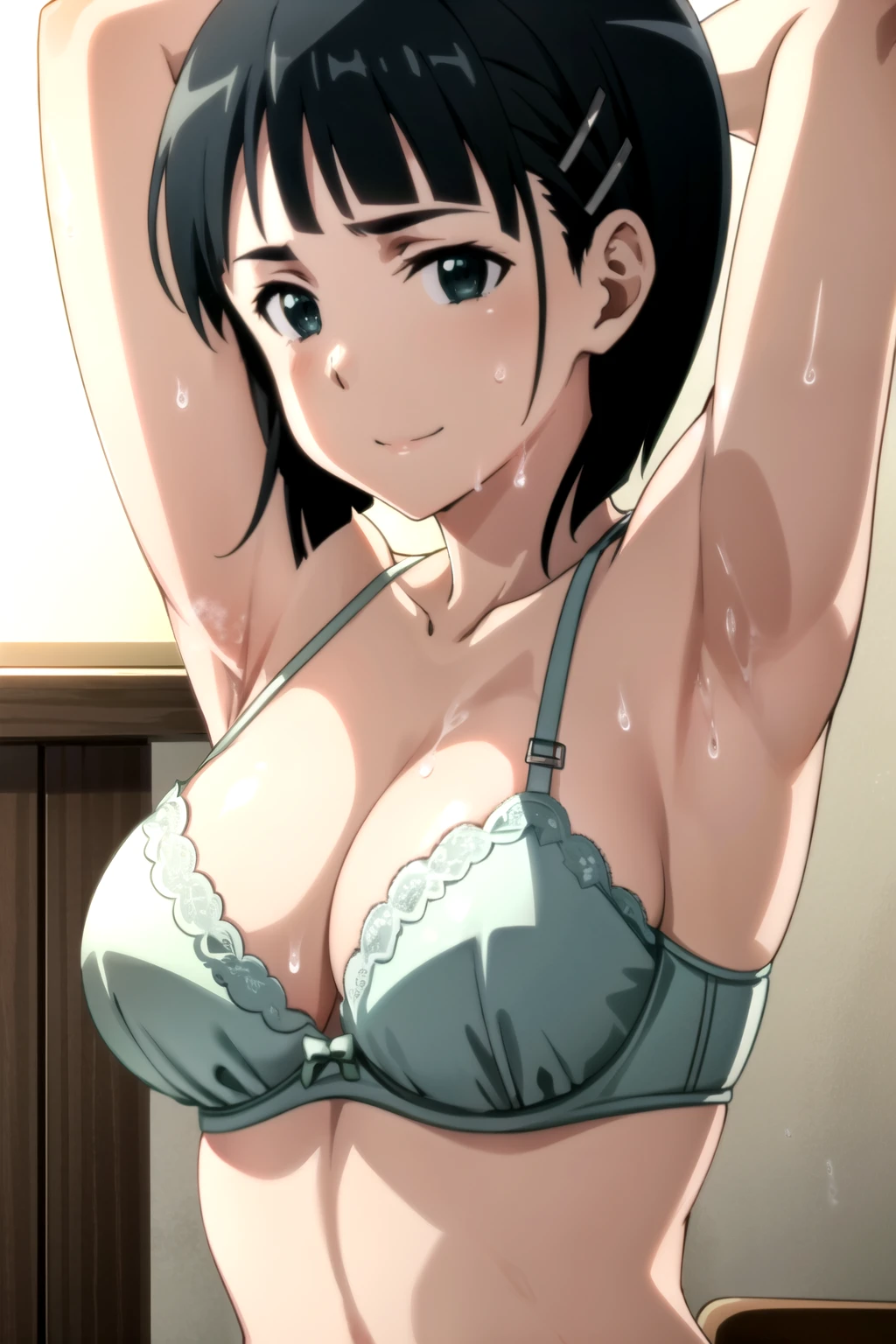 EFT_Sao_Sis, 1girl, kirigaya suguha, solo, black hair, short hair, hair ornament, smile, green eyes, hairclip, upper body, shirt, collarbone, anime coloring, (sweaty), full of sweat, ((armpits)), ((sexy lingerie)), bra, panties, wet body, shiny, full of sweat, dripping wet armpits 