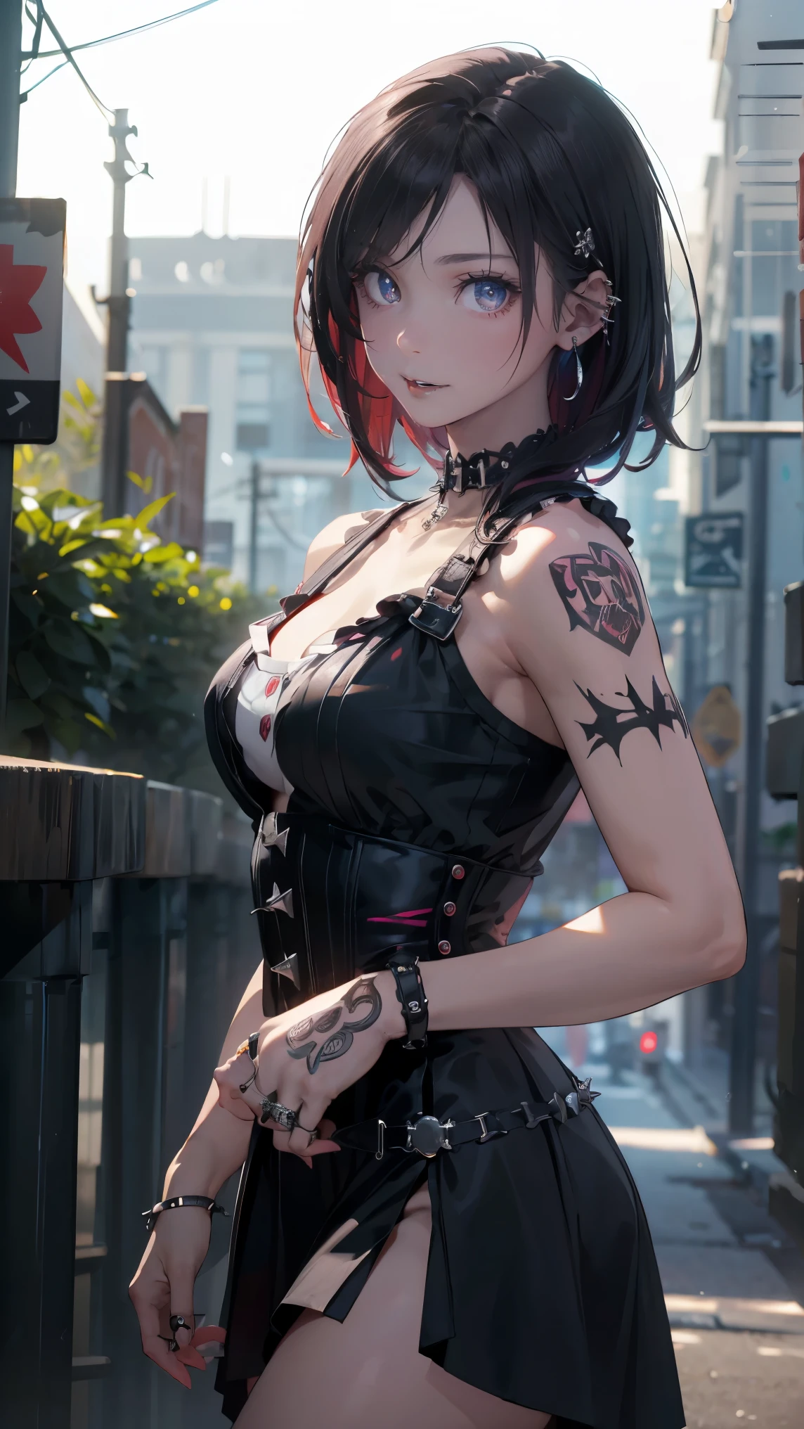 (masterpiece:1.2, highest quality), (realistic, photorealistic:1.4), beautiful illustrations, (natural side lighting, movie lighting),
looking at the viewer, Upper body, (Front view), 1 girl, perfect face, Cute symmetrical face, shiny skin, baby face, long eyelash, (medium breasts), (wide hips:1.2),short cut hair,
beautiful hair, beautiful face, detailed and beautiful eyes, beautiful body, beautiful breasts, beautiful thighs, beautiful feet, beautiful fingers,
(beautiful scenery),(cute smile:1.3, upper eye), 18yo,pale skin,a woman in black corset and goth hair, with piercings, 1girl, solo, black hair, short hair, ring,(pierce:1.5),(punk style:1.5),(gothic dress),(black lips:1.5),