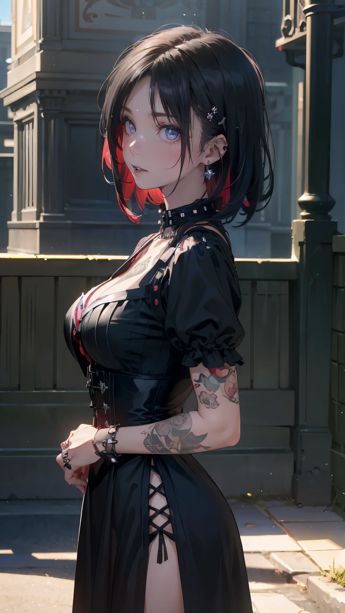 (masterpiece:1.2, highest quality), (realistic, photorealistic:1.4), beautiful illustrations, (natural side lighting, movie lighting),
looking at the viewer, Upper body, (Front view), 1 girl, perfect face, Cute symmetrical face, shiny skin, , long eyelash, (medium breasts), (wide hips:1.2),short cut hair,
beautiful hair, beautiful face, detailed and beautiful eyes, beautiful body, beautiful breasts, beautiful thighs, beautiful feet, beautiful fingers,
(beautiful scenery),(cute smile:1.3, upper eye), 18yo,pale skin,a woman in black corset and goth hair, with piercings, 1girl, solo, black hair, short hair, ring,(pierce:1.5),(punk style:1.5),(gothic dress),(black lips:1.5),