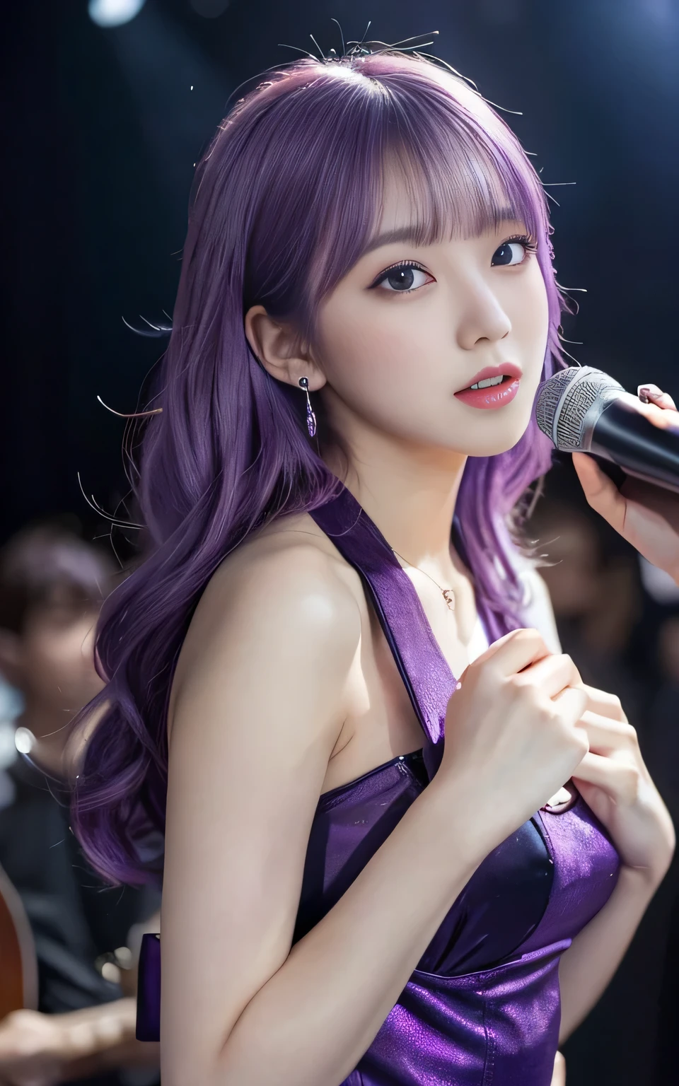 (highest quality, Seductively Posing:1.2), 1 female singer, 20 years old, Otherworldly fantasy,Shoulder strap,Sing alone, Light purple hair,Beautiful eyes in every detail),Upper Body,bangs,ear, Gorgeous deep purple outfit, Mysterious, Long Hair, blush, Displaying the viewer,Singing voice that captivates the audience