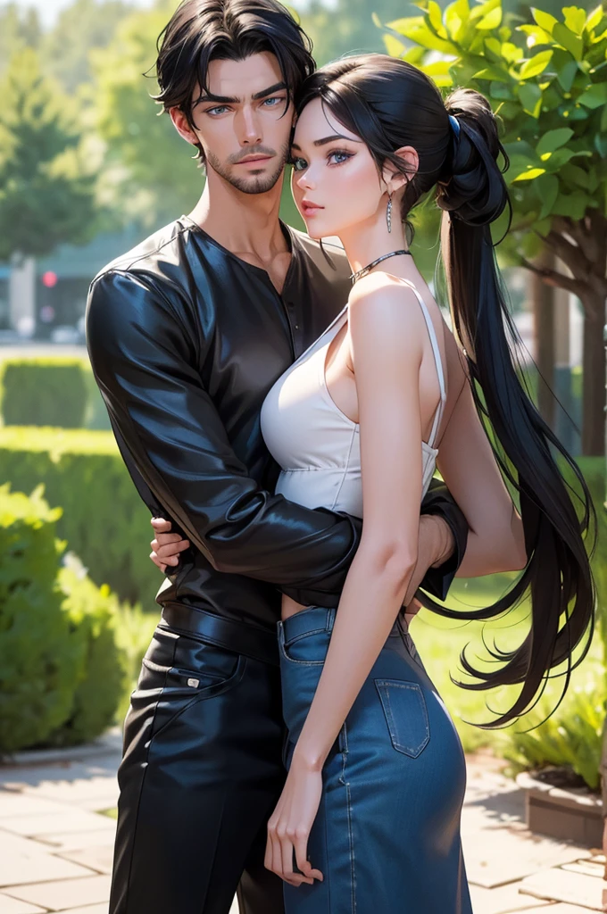 A tall, handsome young man with dark hair, blue eyes, long black hair tied in a ponytail at the back of his head, he hugs a very beautiful young blonde woman with very short wheat-colored hair. Masterpiece, detailed study of the face, beautiful face, beautiful facial features, perfect image, realistic shots, detailed study of faces, full-length image, 8k, detailed image. an extremely detailed illustration, a real masterpiece of the highest quality, with careful drawing.