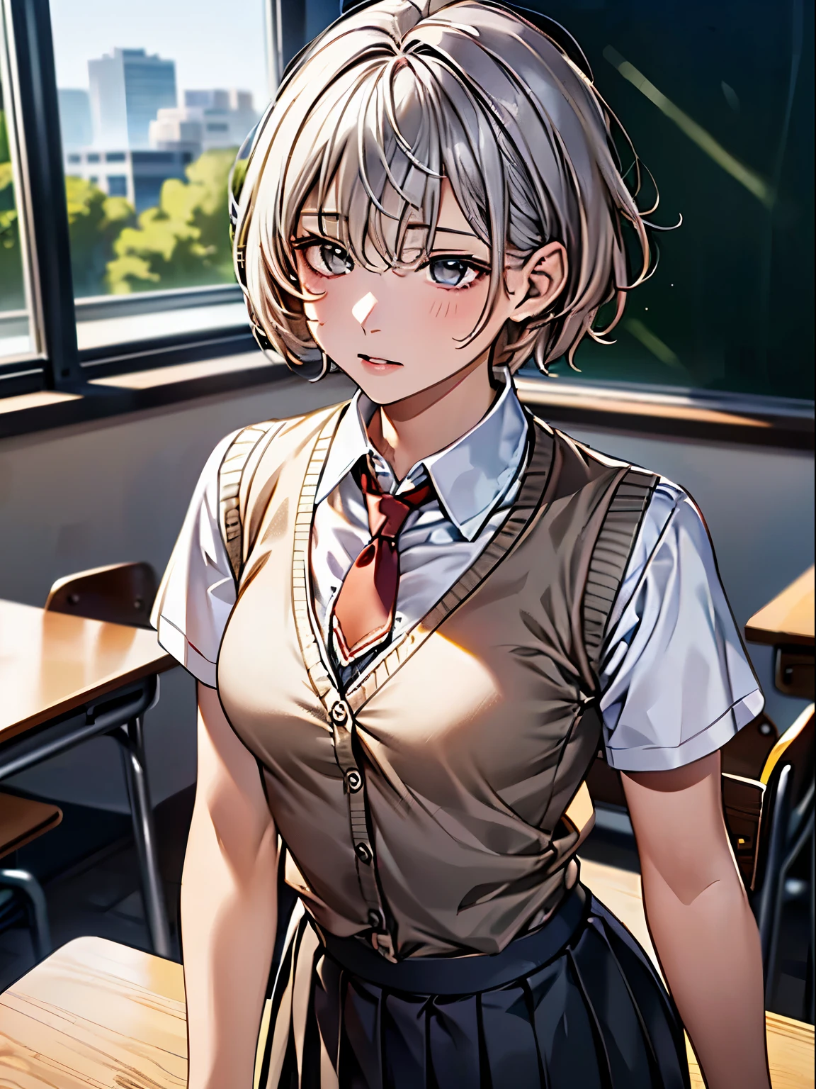 ((highest quality)),(超A high resolution),(Very detailed),(Detailed Description),((The best CG)),(masterpiece),Ultra-detailed art, ((High-quality fabric, Light brown cardigan vest:1.4, Light grey pleated skirt, Short sleeve shirt with white collar:1.6, Dark red tie)), (short hair, Silver Hair:1.3, Small eyes:1.4), after school, School classroom, blackboard, Desk and chair, (Medium breast:1.5)