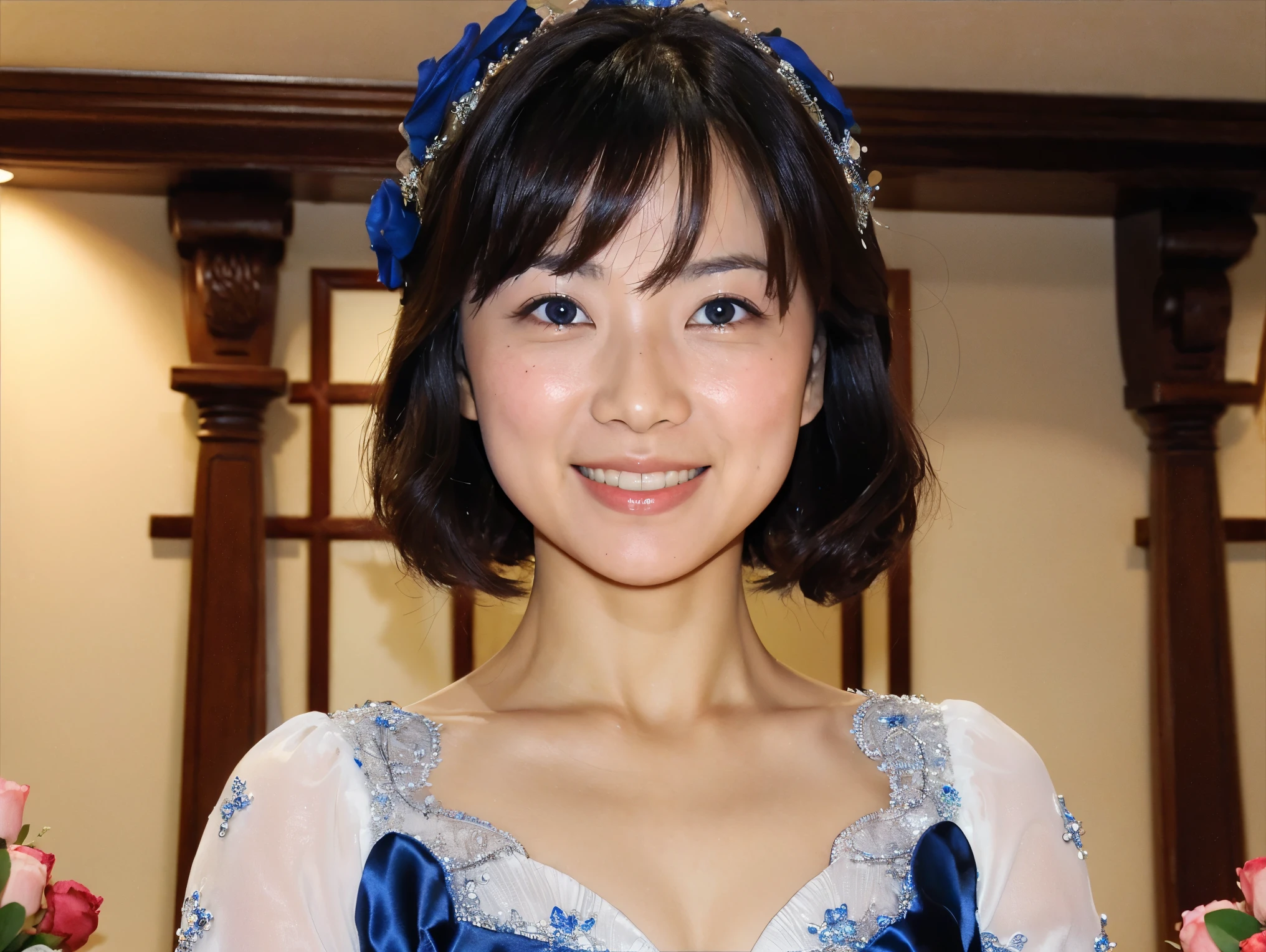 Medium Size Display, Medium Shot, Written boundary depth, bust, Upper Body, Movie angle, masterpiece, highest quality, Very detailed, CG, 8k wallpaper, Beautiful Face, Delicate eyes, Otome, alone, smile, bangs, have,Royal Blue Dress, bow, petal, Bouquet of roses