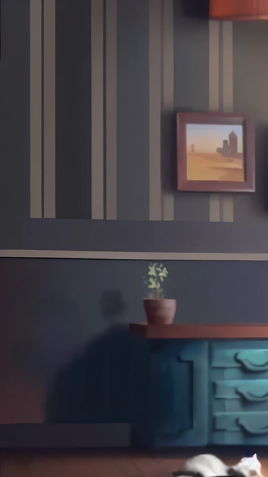There is a painting，The painting shows a cat sitting on a dressing table, interior background technology, background technology, Stylization, Random background scenes, Concept art of Stylization, background technologywork, Realistic establishing shots, Personal room background, Background Bar, 2d texture, 2D texture, Some background blur, Warm home background, House background, Inspired by veteran environment artists, Bedroom background