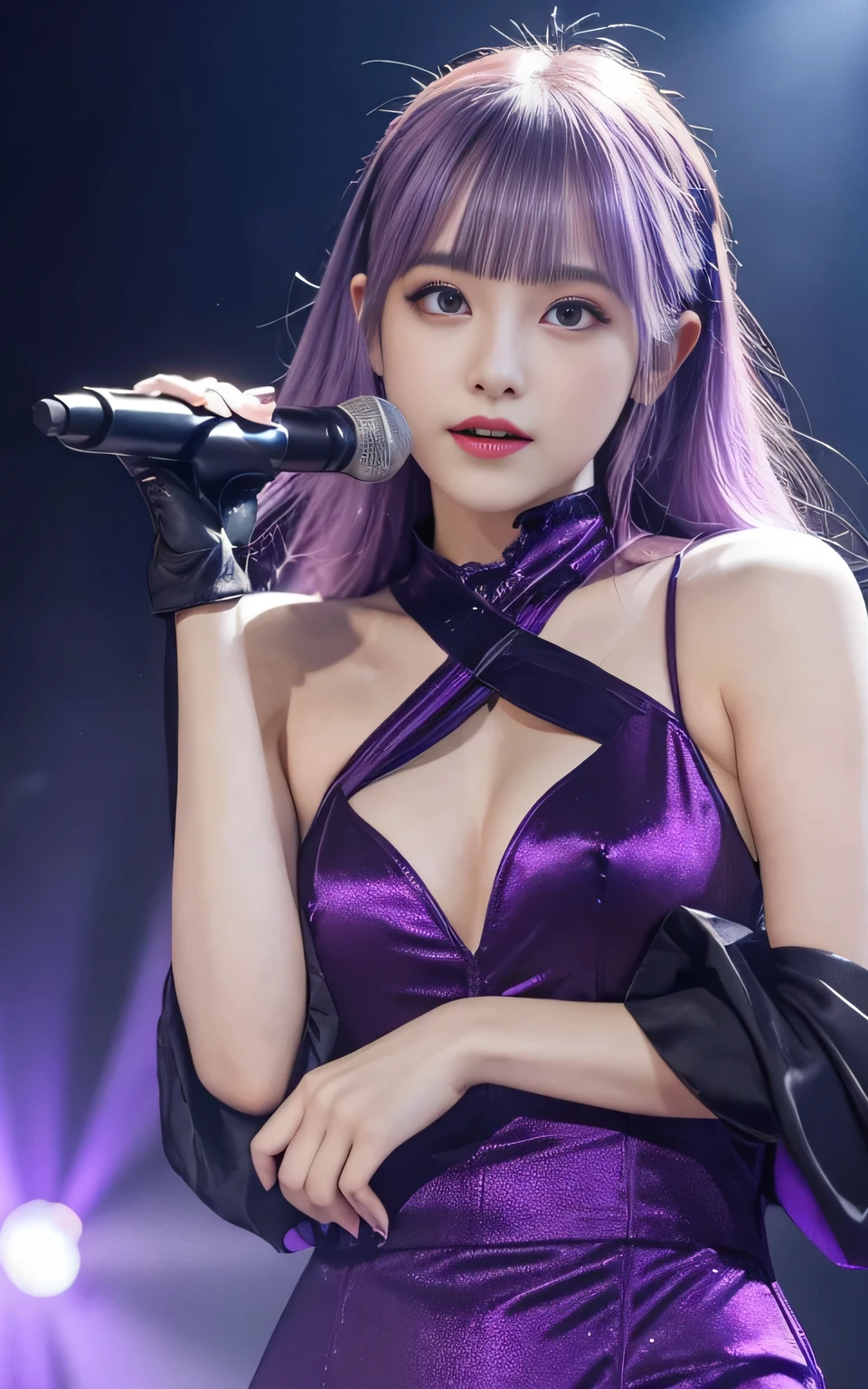 (highest quality, Seductively Posing:1.2), 1 female singer, 20 years old, Otherworldly fantasy,Shoulder strap,Sing alone, Light purple hair,Beautiful eyes in every detail),Upper Body,bangs,ear, Gorgeous deep purple outfit, Mysterious, Long Hair, blush, Displaying the viewer,Singing voice that captivates the audience