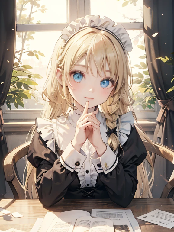 (8k, highest quality, Tabletop:1.2)、Ultra-high resolution, One -yeld gi Perfect Fingers, Detailed face, blue eyes, Blonde, Braid, Long Hair, Black maid outfit,  Castle garden, Hanging out a lot of sheets