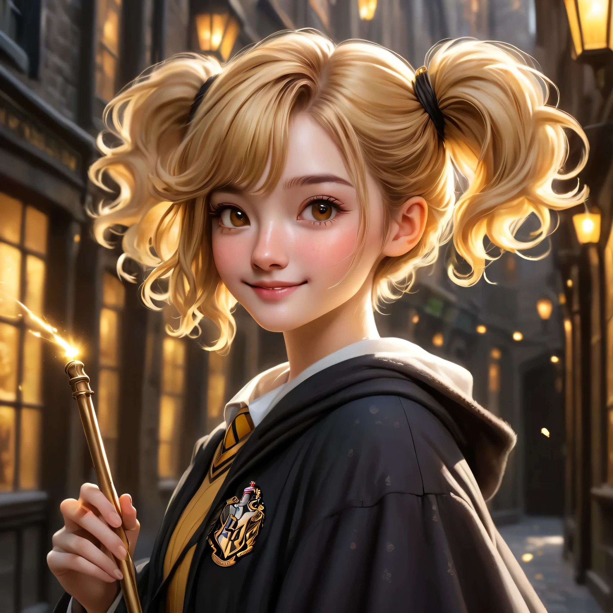 best quality, realistic, sharp, Masterpiece, Hogwarts students, Hufflepuff, Short hair with high twin tails., Short hair with golden blonde twin tails., serious, smile, Very naughty, cute and bright, freckles on face, freckles, holding a magic wand,In Diagon Alley, detailed brown eyes, detailed face, Fine skin, soft light, mysterious, soft shadow, detailed texture, dynamic light,