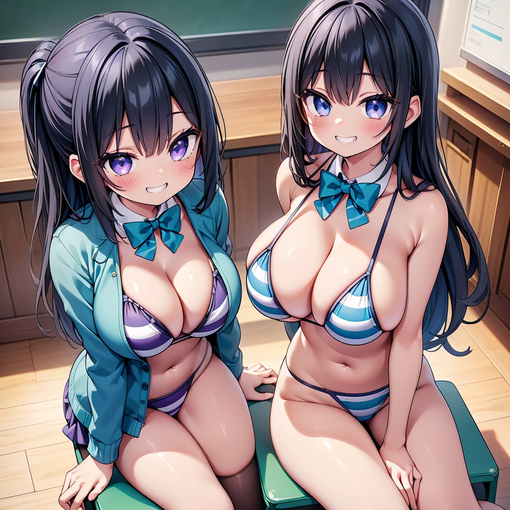 (cute eyes:1.2), (sparkling eyes:1.2), (8K、Best image quality、highest quality、masterpiece)、Detailed face、(2 girls)、Improve、(Black Hair, Purple Eyes, long hair)、Wicked Smile、((Grin)), (huge breasts:1.3), (Light blue striped micro bikini:1.1), all fours a chair, Classroom Background, (close-up shot of bust), (from above:1.2)
