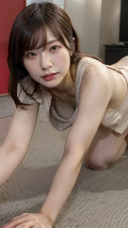 highest quality, Ultra-high resolution, Highly detailed skin, Japanese Lady、Physically Based Rendering,Down blouse, On all fours,Bend deeply forward、30th Generation、Beautiful Skin、Wide open chest、tea bag、Large Breasts、（No bra）、Showing nipples