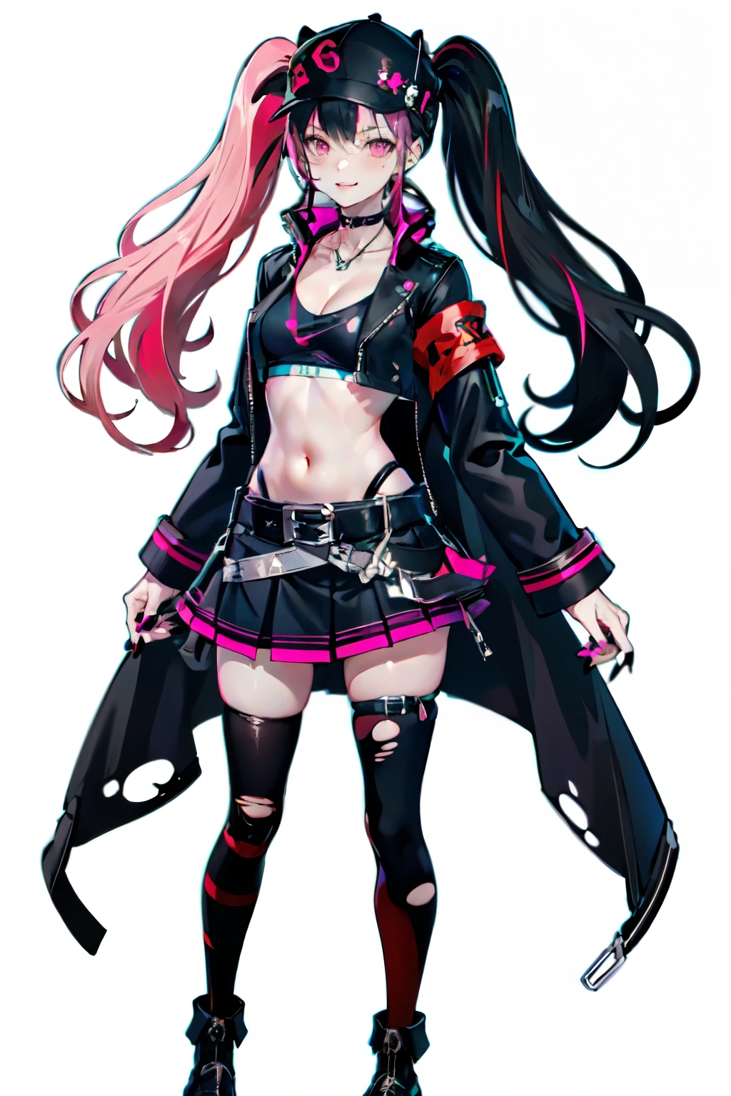 -zoe\(palworld\), 1girl, solo, long hair, skirt, twintails, belt, navel, black hair, midriff, looking at viewer, full body, multicolored hair, stomach, thighhighs, jacket, long sleeves, breasts, open clothes, pink eyes, hat, thighs, crop top, black footwear, black jacket, open jacket, black choker, black skirt, ring, boots, black shirt, cleavage, miniskirt, choker, white background, jewelry, pink hair, standing, socks, torn clothes, cropped jacket, shirt, streaked hair, medium breasts, baseball cap, simple background, pleated skirt, nail polish, bandaid, black headwear, zettai ryouiki, armband, thigh strap, black nails, collarbone, platform footwear, single thighhigh, mole, torn thighhighs