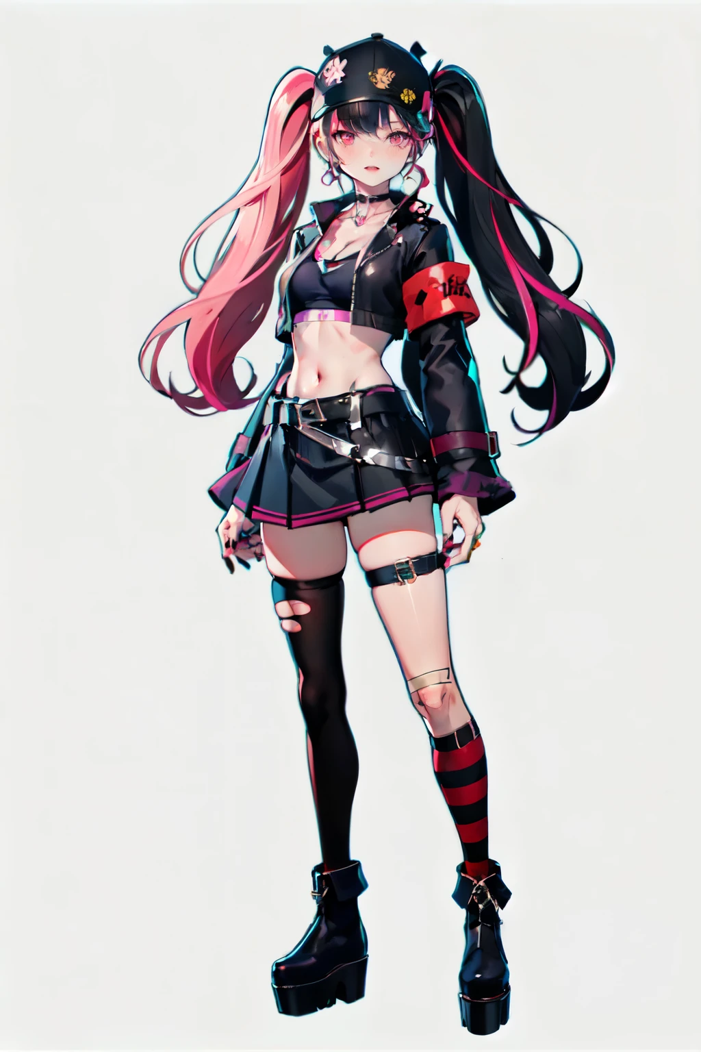 -zoe\(palworld\), 1girl, solo, long hair, skirt, twintails, belt, navel, black hair, midriff, looking at viewer, full body, multicolored hair, stomach, thighhighs, jacket, long sleeves, breasts, open clothes, pink eyes, hat, thighs, crop top, black footwear, black jacket, open jacket, black choker, black skirt, ring, boots, black shirt, cleavage, miniskirt, choker, white background, jewelry, pink hair, standing, socks, torn clothes, cropped jacket, shirt, streaked hair, medium breasts, baseball cap, simple background, pleated skirt, nail polish, bandaid, black headwear, zettai ryouiki, armband, thigh strap, black nails, collarbone, platform footwear, single thighhigh, mole, torn thighhighs