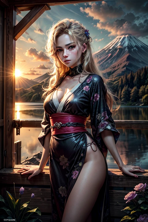 Best quality, masterpiece, extremely detailed, detailed background, detailed eyes, Anime, 1 girl, beautiful eyes, young girl, girl with long hair, expressive face, kimono, Retro, Landscape of Mount Fuji, on open air, sunset, beautiful sky, picnic on the lake, landscape, landscape, horizon, the mountain sits near the mountain, Wind, flower petal, Vesna, looking, Atmospheric lighting, reflection, naturalistic, detail, realism. relaxation, Beauty, just concentrate, Close-up, from the outside, depth of field, hips