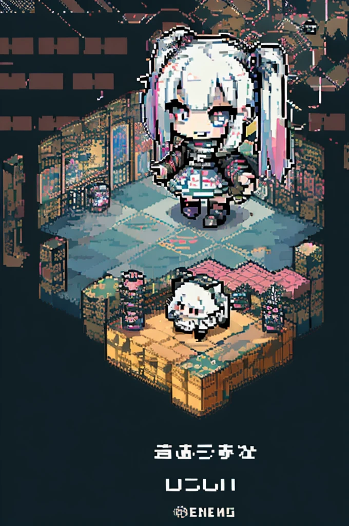 (pixel1.4),(isometric view:1.8),solo,(1female\(cute, kawaii,,smile,hair floating,hair color half black and half white,pigtail hair,pale skin,eye color cosmic,eyes shining,big eyes,damaged clothes,heavy metal costume,smirk\):1.4),background\(simple\), BREAK ,quality\(8k,wallpaper of extremely detailed CG unit, masterpiece,hight resolution,top-quality,top-quality real texture skin,hyper realisitic,increase the resolution,RAW photos,best qualtiy,highly detailed,the wallpaper,cinematic lighting,ray trace,golden ratio\),dynamic pose,dynamic angle,