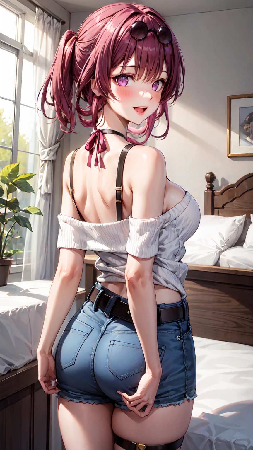 Masterpiece ,best quality , high resolution , ultra detail , (look back , from behind , back view) , (wide angle , ultra detail eyes , perfect face , ultra detailed hair and face) , (1 girl solo:1.3) , (sunglasses, eyeweard on head, purple hair , neck-ribbon) , (bare shoulder , wear_ivory_sweater , WHITE_denim_microshort , bow , chocker , belt) , (standing:1.25) , (sagging Neckline, low cut) , armband, thigh strap ) , (cleavage:1.3) , (medium breast:1.3) , ( full face blush , shy , smile , open mouth) , (indoor, bedroom, windows , bed )
