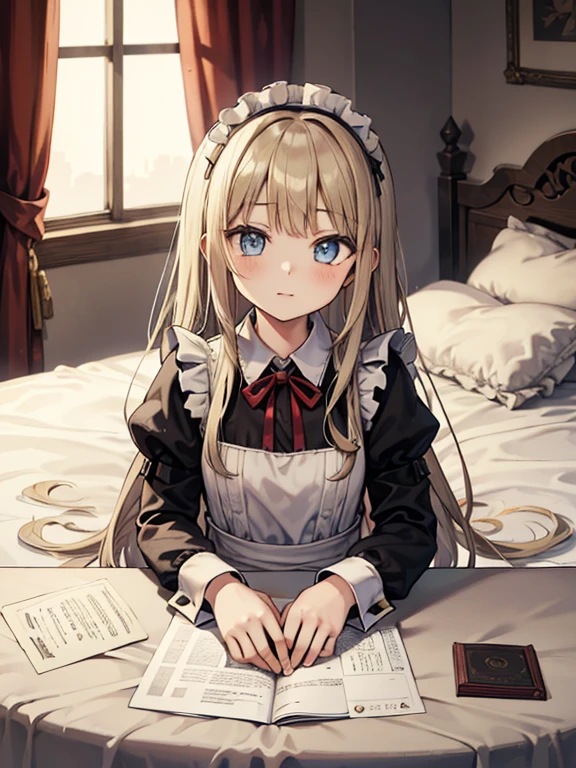 (8k, highest quality, Tabletop:1.2)、Ultra-high resolution, One ****************, Perfect Fingers, Detailed face, blue eyes, Blonde, Straight Hair, Long Hair, Black maid outfit,  Inside the castle, Bedroom、Making the bed