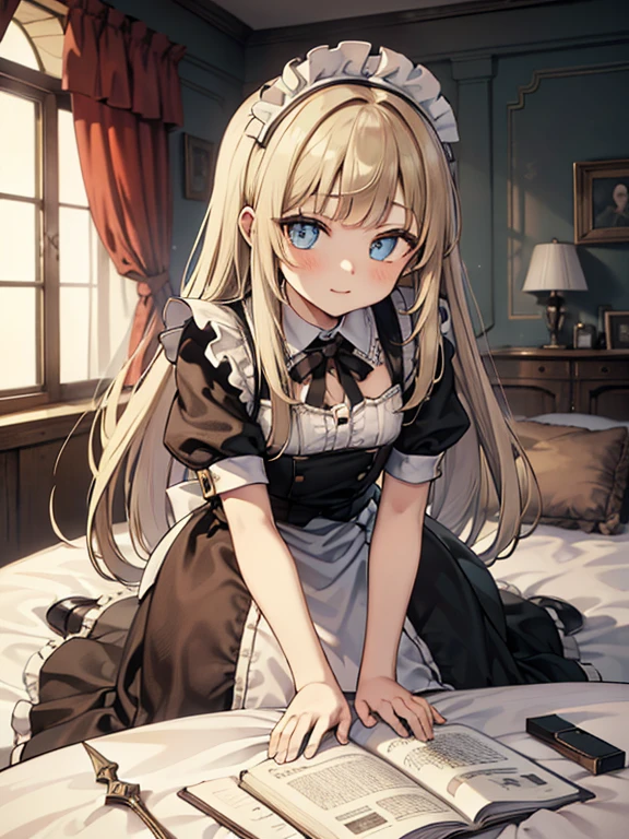 (8k, highest quality, Tabletop:1.2)、Ultra-high resolution, One 14-year-old girl, Perfect Fingers, Detailed face, blue eyes, Blonde, Straight Hair, Long Hair, Black maid outfit,  Inside the castle, Bedroom、Making the bed