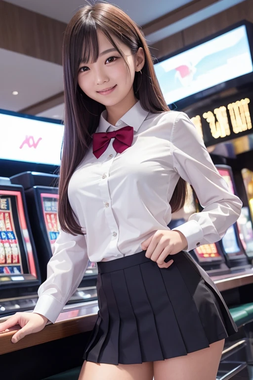 Female staff at a pachinko parlor、I'm lifting my skirt、white  panties、Blatant crotch、Thin fabric panties、Sheer crotch、micromini skirt、Panchira、Upper Eyes、eye glasses、huge smile、Y shirt、校服、Business suits、