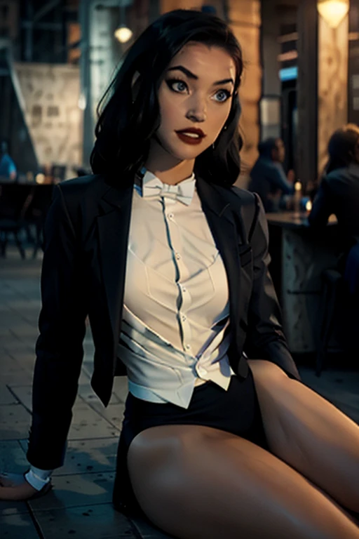 Zatanna, realistic, realism, photorealism, photo-realistic, high contrast, (photorealistic:1.4), 8k high definition detailed realistic, (best quality, masterpiece:1.2), NSFW,  photon mapping, radiosity, physically-based rendering, best quality, highly detailed, 1girl, anaa, full body, Jewelry, earring, outdoor,woods,((skirt suit)), suit and bowtie, (((tuxedo))), silk dress shirt, shirt and bowtie, (((bowtie))), ((blazer)), ((suit jacket)), ((waistcoat)), ((bodycon miniskirt)), (((pencil skirt))), pantyhose, tights, stockings, pocket square, tailored suit, (((cufflinks))), smile, full body, high heels,sitting at bar, from side,  inside, bar, ,sipping drink, white gloves, hot body , gorgeous breast