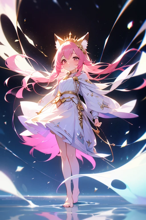 (best quality1.4)++, (masterpiece1.4)++, (detailed1.4)+, 1girl, cute face, fox girl, ice queen, (long pink hair)+, elegant, royal, cute, barefoot, detailed pink jacket, cute multilayered skirt, gold jewelry, full body shot, natural lighting, soft lighting, dramatic lighting, highly detailed, unreal engine, bokeh, 8k uhd, raytracing, lumen reflections, volumetric fog, Digital art, character design, concept art, divine, celestial, featured on pixiv, epic composition